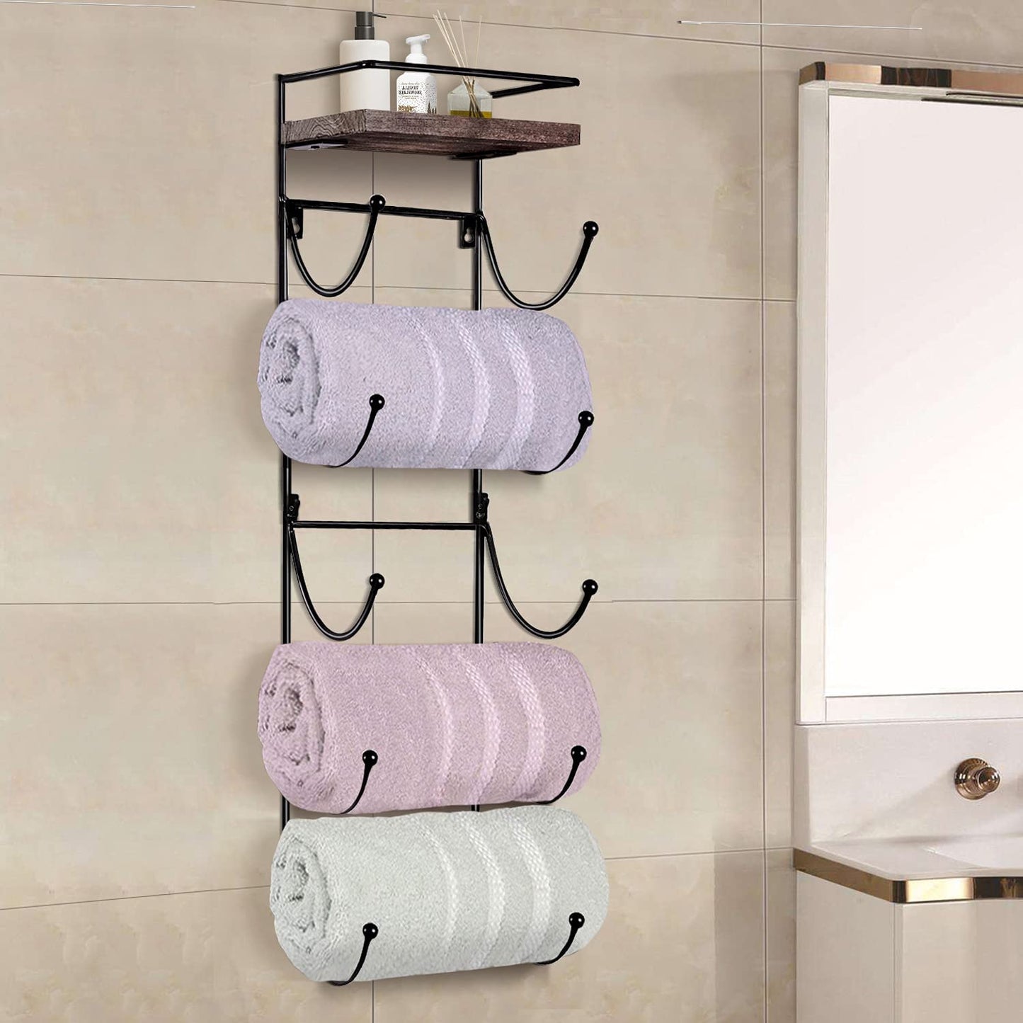 Towel Rack Wall Mounted with Top Shelf,Towel/Wine Rack Holder Organizer with 5 Compartments and Top Wooden Shelf for Bathroom Storage Bath Towels, 30.7" L x 7" W