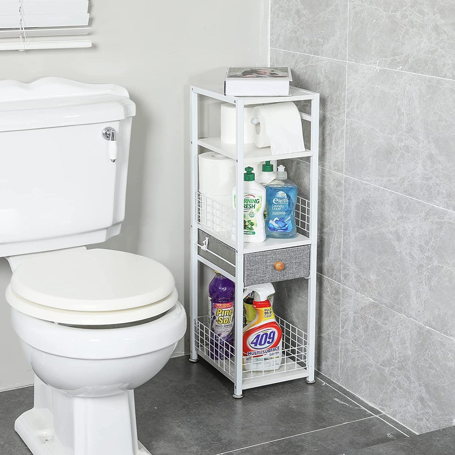 Small Bathroom Storage Cabinet with Drawer,4 Tier Design Toilet Paper Storage,Bathroom Corner Floor Cabinet,Bathroom Organizer Cabinet for Paper Shampoo White