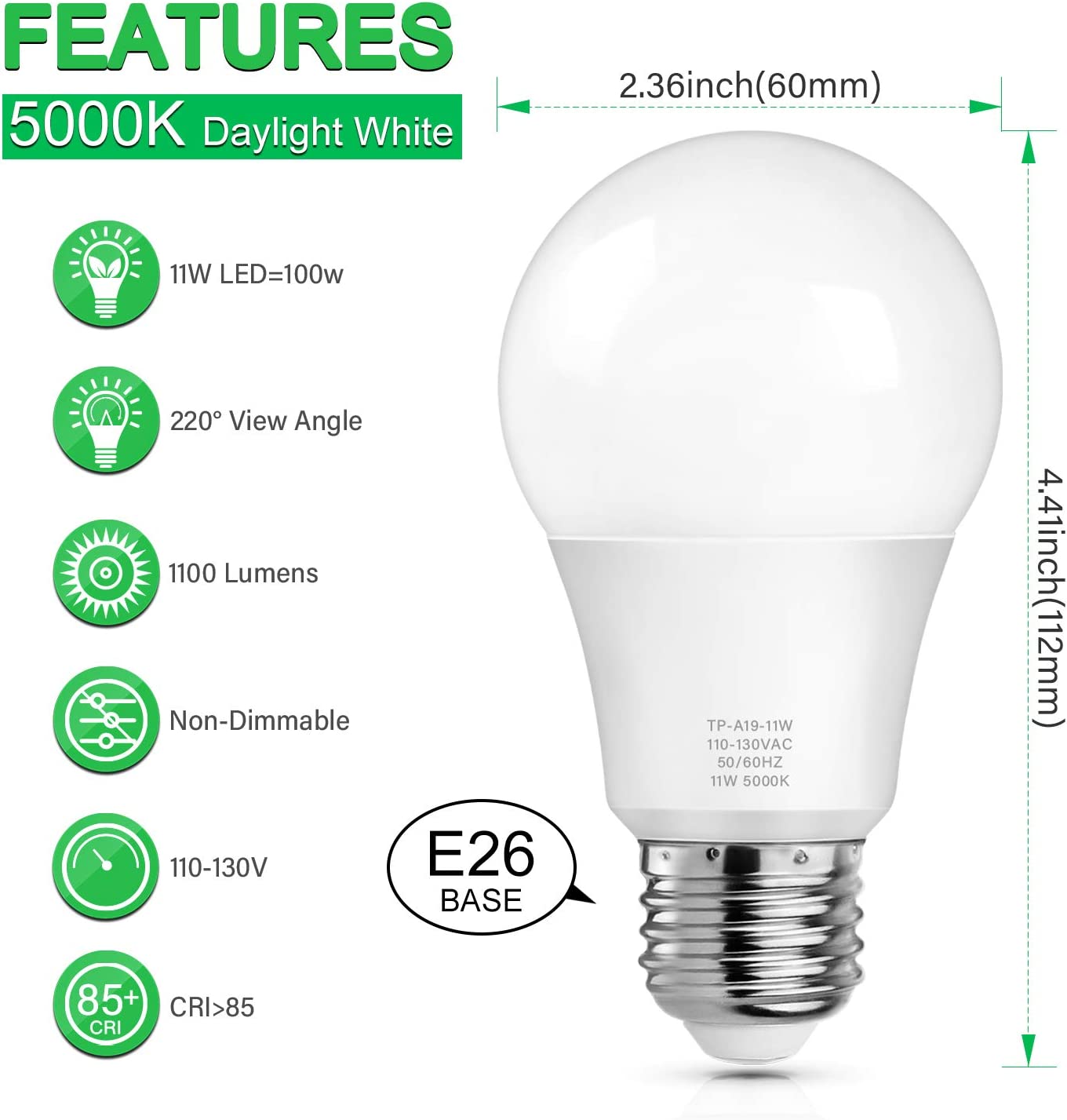 A19 LED Light Bulbs, 100 Watt Equivalent LED Bulbs, 5000K Daylight White, 1100 Lumens, Standard E26 Medium Screw Base, CRI 85+, 25000+ Hours Lifespan, No Flicker, Non-Dimmable, Pack of 12