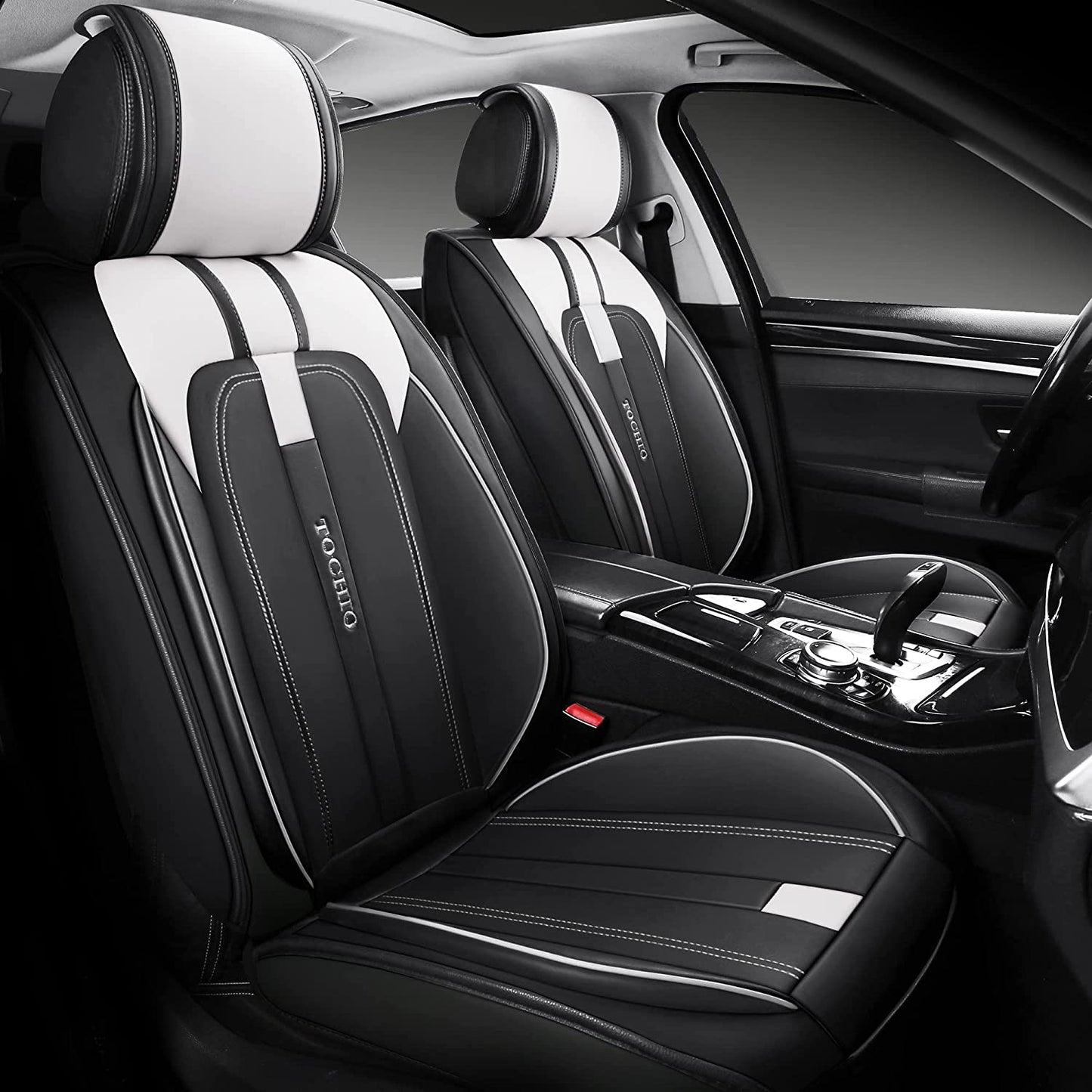 Car Seat Covers Full Set with Waterproof Eco-Friendly Leather, Car Accessories, Universal Automotive Seat Protector Fits for Most Sedans SUV Pick-up Truck (Black-White)