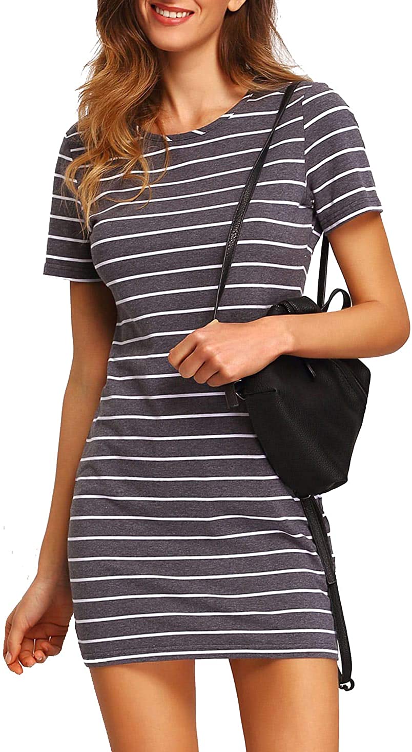 Women's Casual Short Sleeve Striped Bodycon T Shirt Short Mini Dress