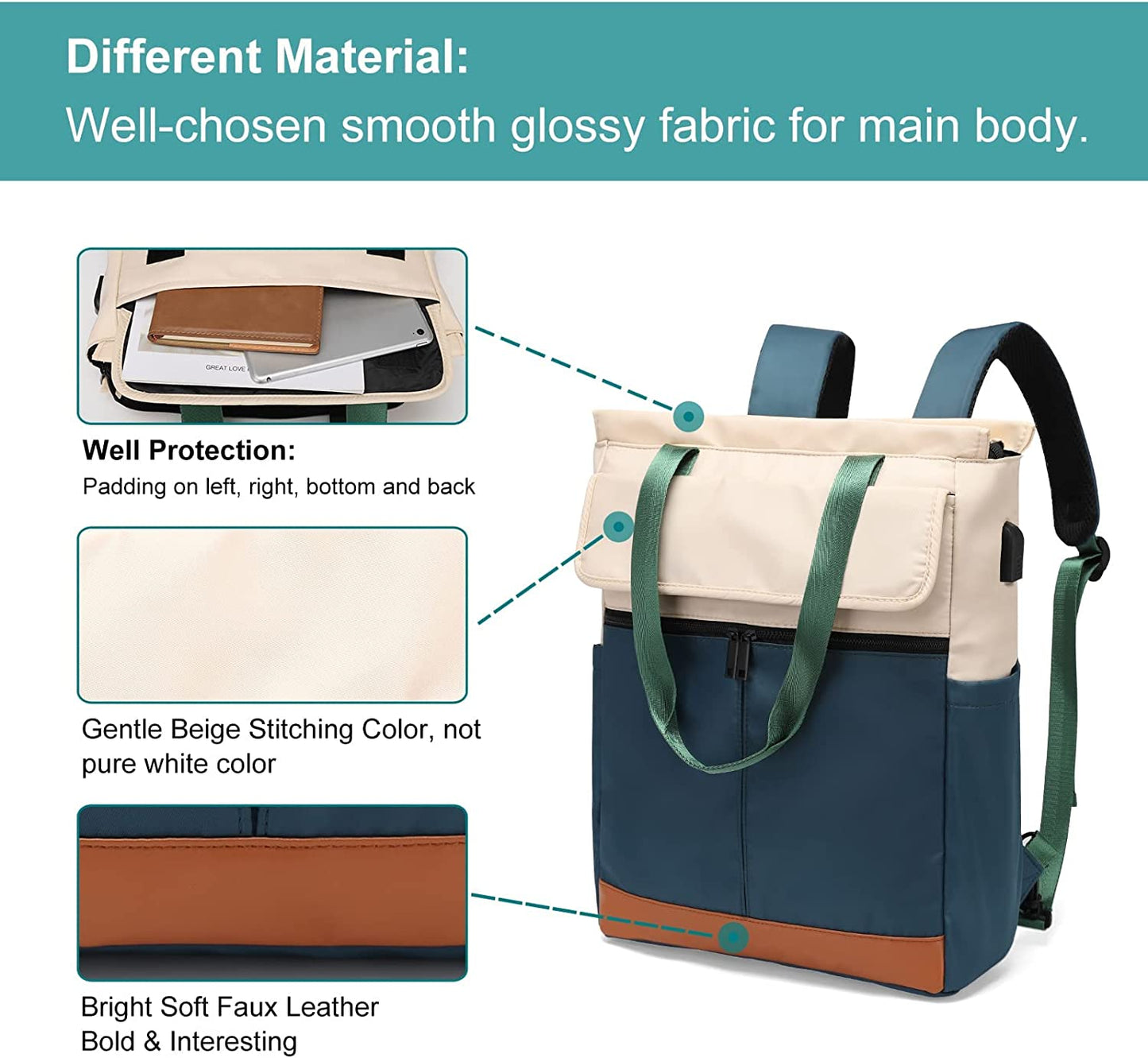 Women Convertible Tote Daypack Laptop Backpack Wide Top Open College School Travel Casual Bag