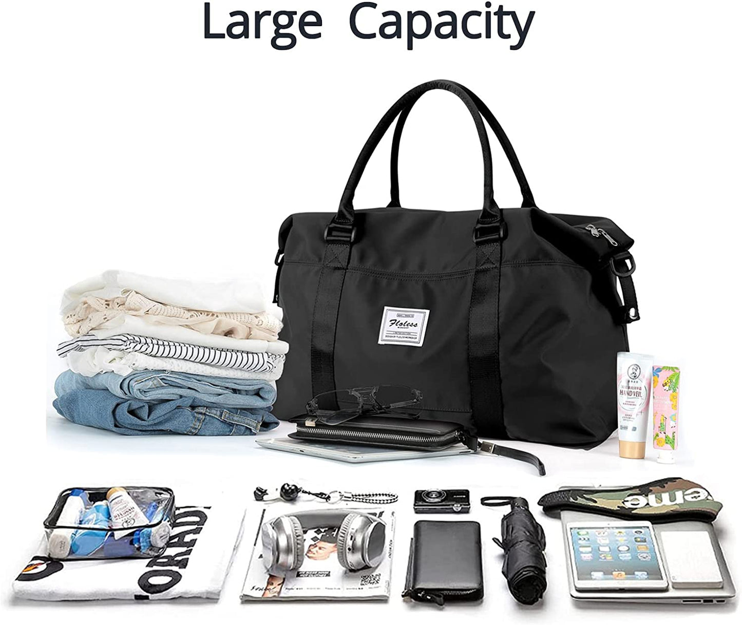 Travel Gym Bag for Women, LANBX Tote Bag Carry on Luggage Sport Duffle Weekender Overnight Bags with Wet Pocket (Black)