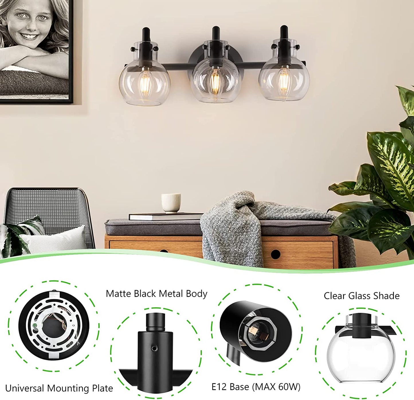 Vanity Light Fixtures, Modern 3 Lights Wall Sconce Lighting Matte Black, Farmhouse Metal Wall Lamp with Globe Glass Shade, Porch Wall Mount Light Fixture for Mirror Cabinets Hallway Stairs