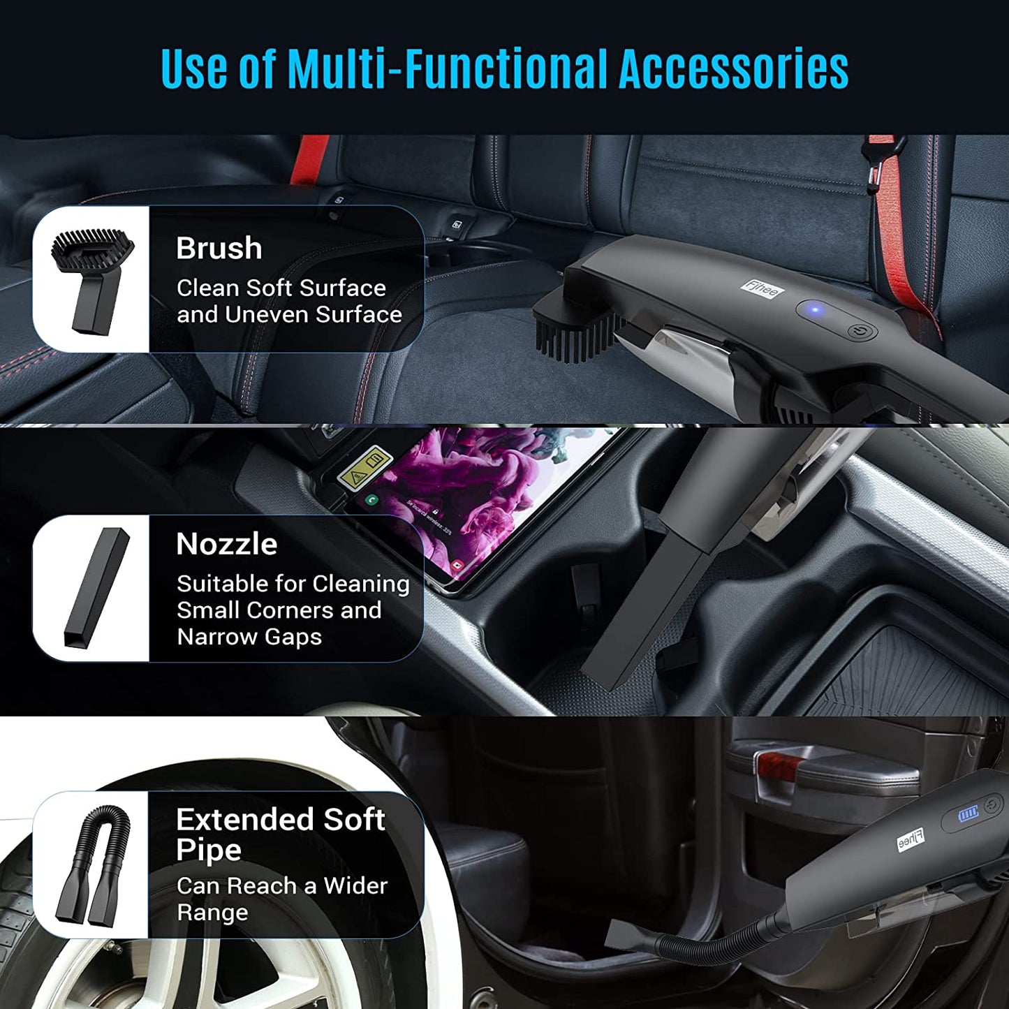 Car Vacuum 13.2FT Corded, Portable Car Vacuum Cleaner Strong Suction DC 12V/9500Pa Handheld Vacuums w/4 Attachments for Car Interior Detailing Auto Accessories Cleaning Tool Kit w/Storage Bag
