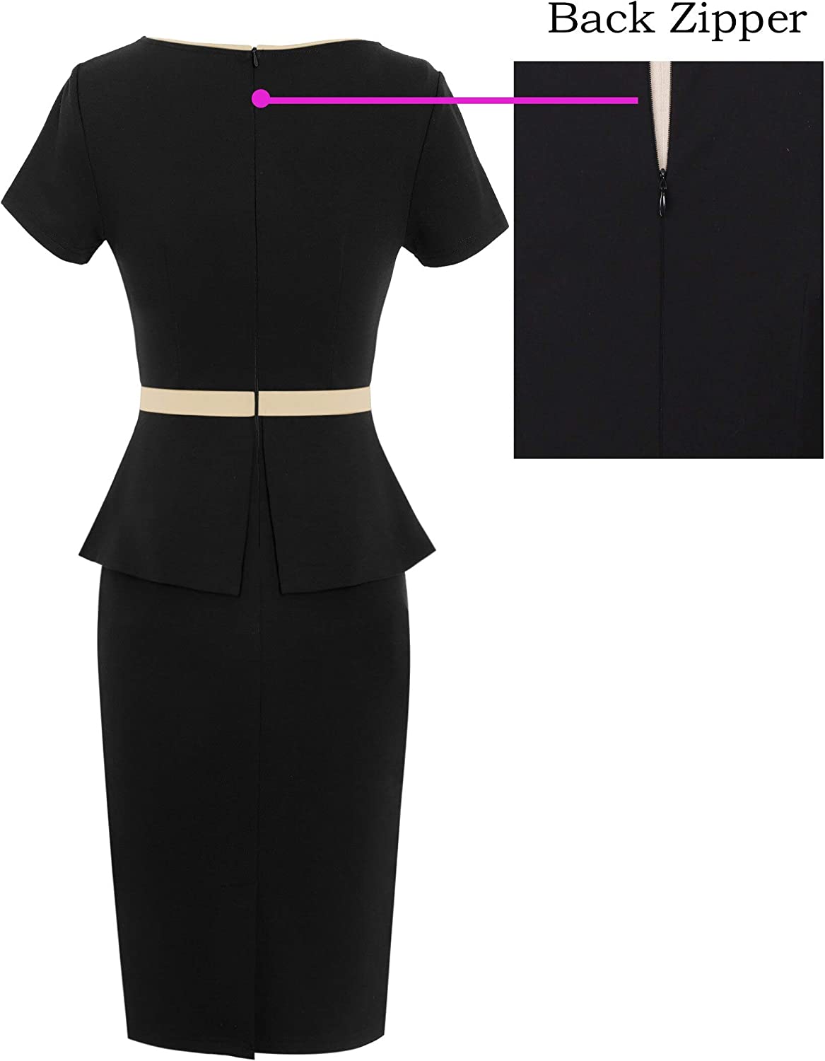 Womens Crew Neck Peplum Colorblock Work Business Office Bodycon Pencil Dress