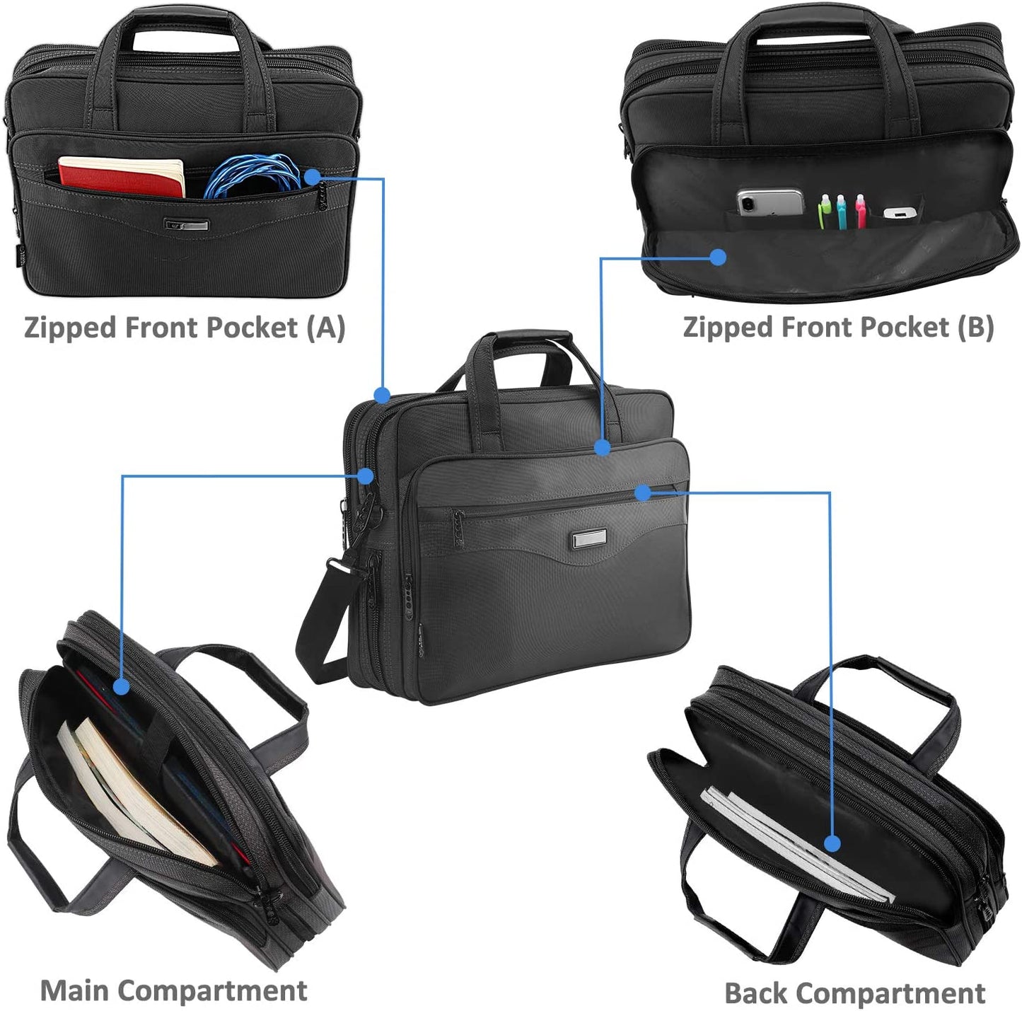 Laptop Bag 15.6 inch, Mens Laptop Briefcase, Expandable Carry on Computer Case, Business Office Attache, Zokaliy Lightweight Water Resistant Shoulder Messenger Bag for MacBook Acer HP Dell, Black