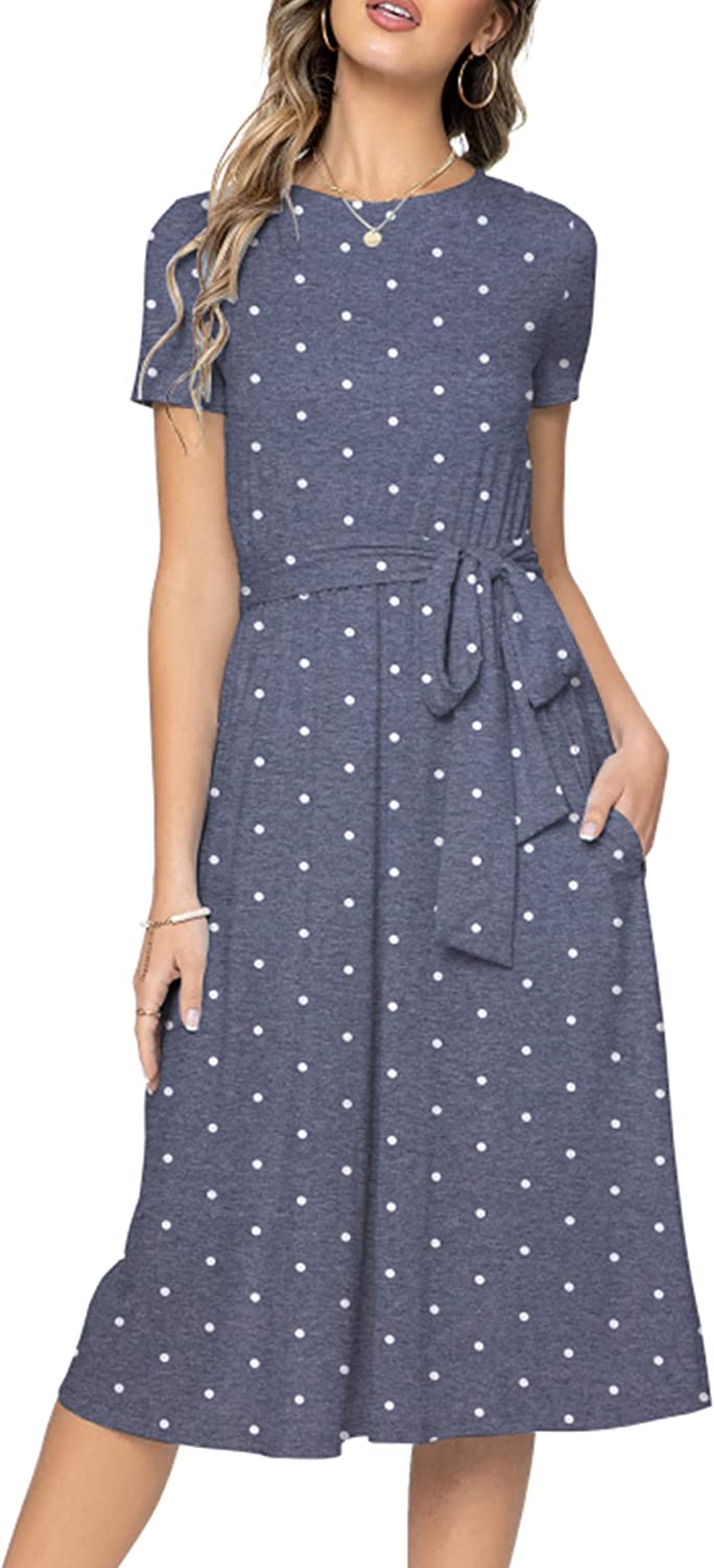 Women's Short Sleeve Striped Casual Flowy Midi Belt Dress with Pockets
