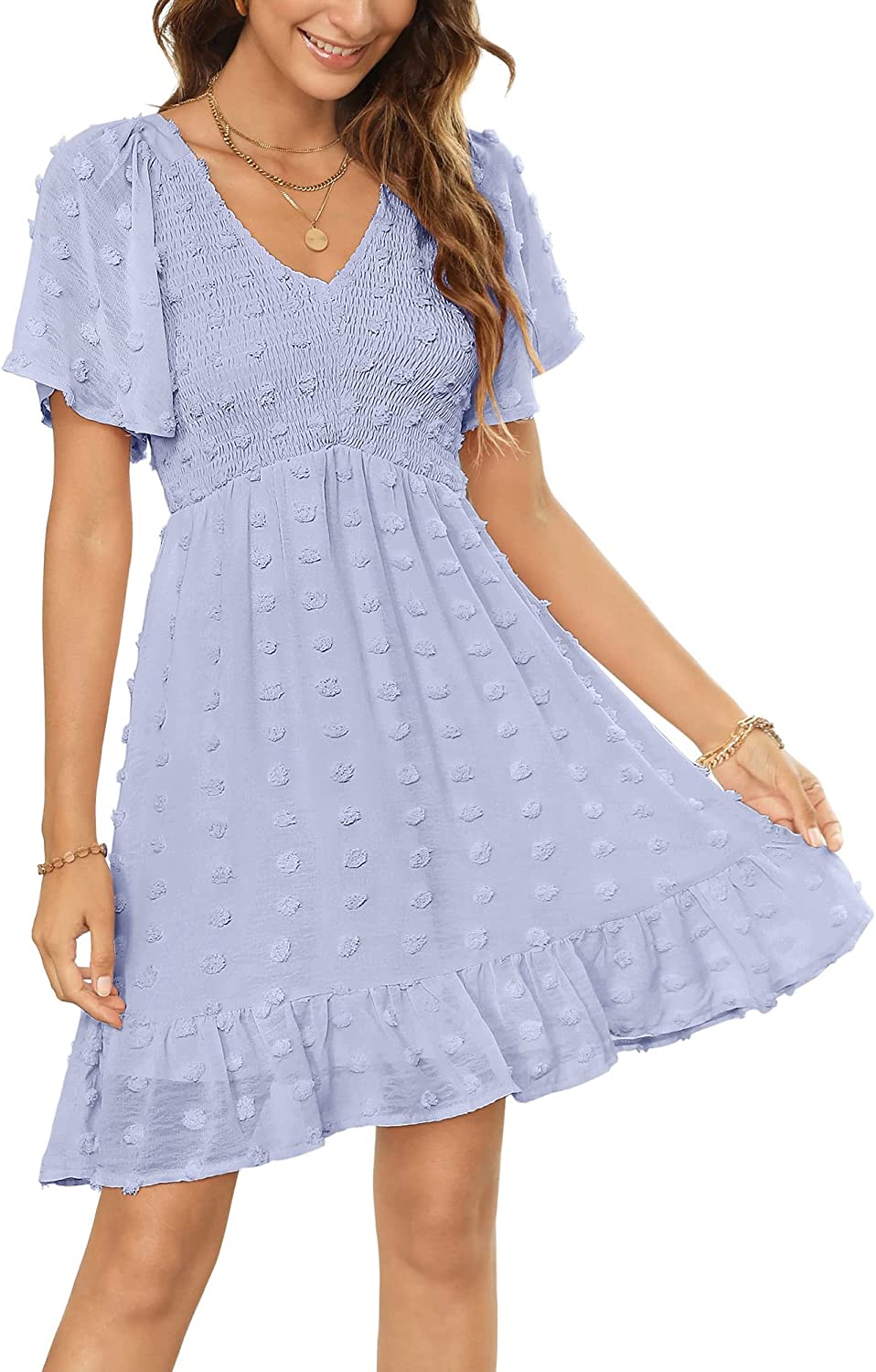 Womens Smocked Flutter Sleeve V Neck Ruffle Mini Swiss Dot Babydoll Dress