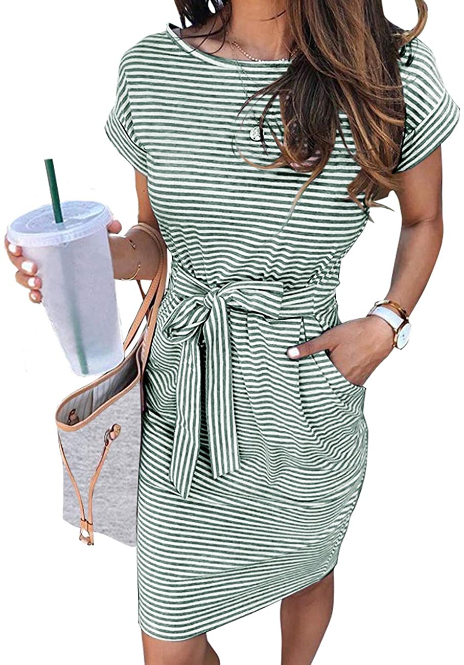 Women's Summer Striped Short Sleeve T Shirt Dress Casual Tie Waist Midi Dress