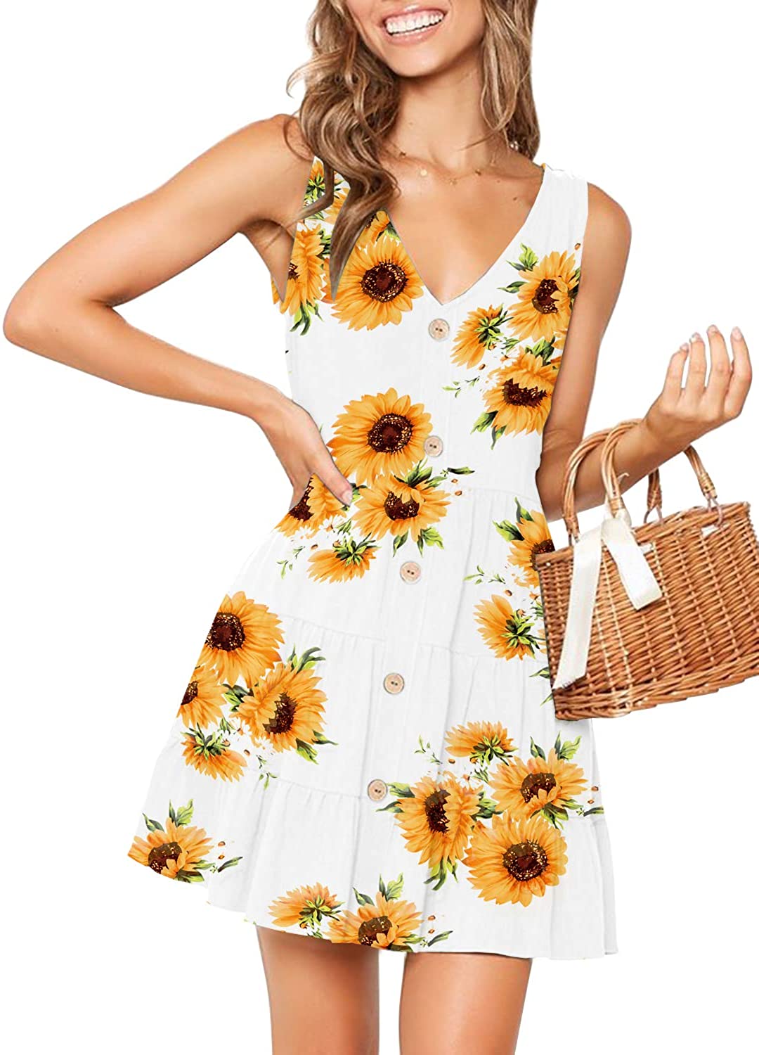 Women's Summer Sleeveless V Neck Button Down Casual Pocket Swing Short Dress
