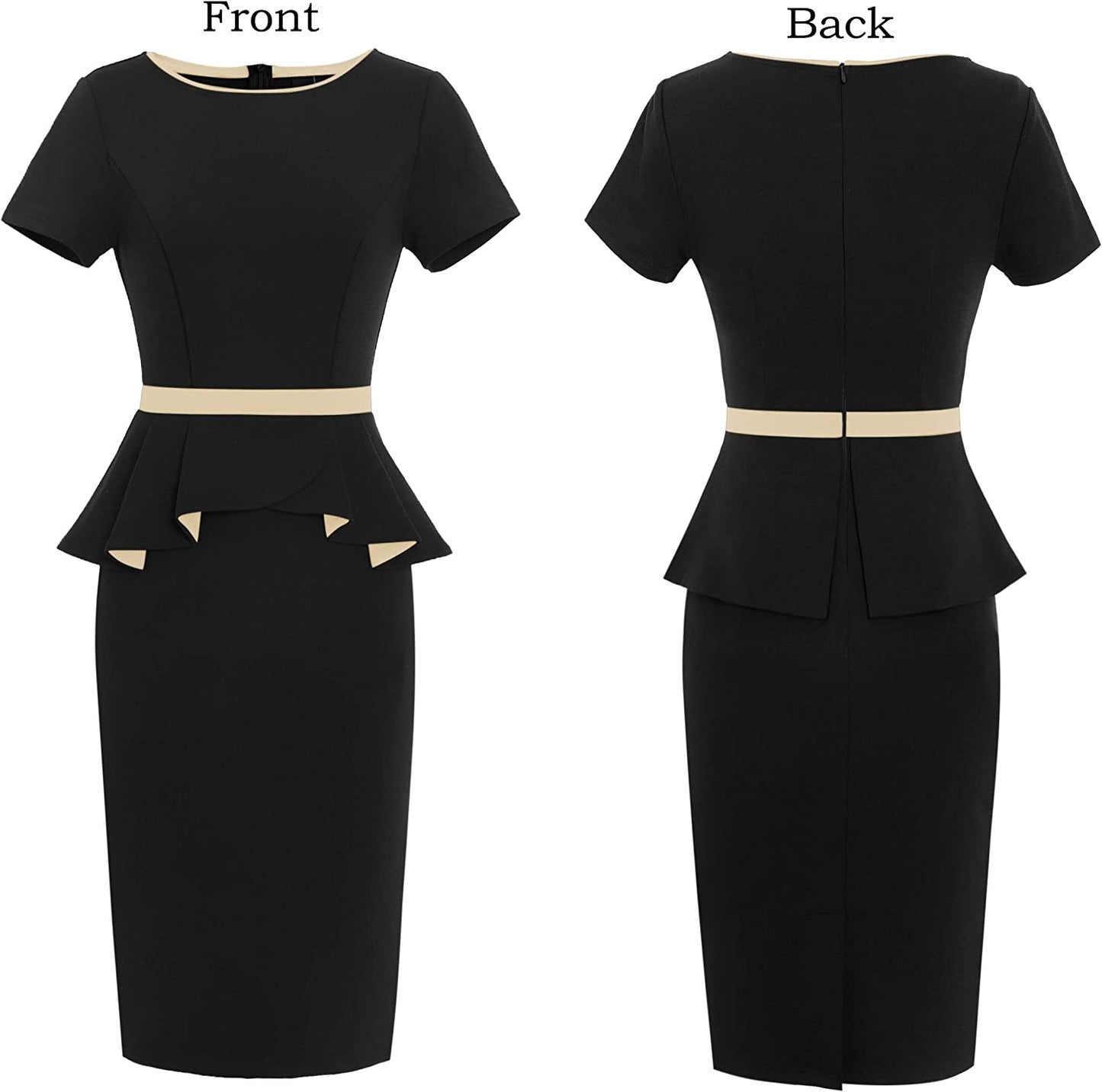 Womens Crew Neck Peplum Colorblock Work Business Office Bodycon Pencil Dress