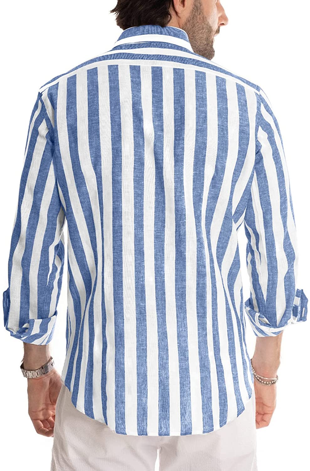 Men's Casual Long Sleeve Button-Down Shirts Striped Dress Shirts Cotton Shirt