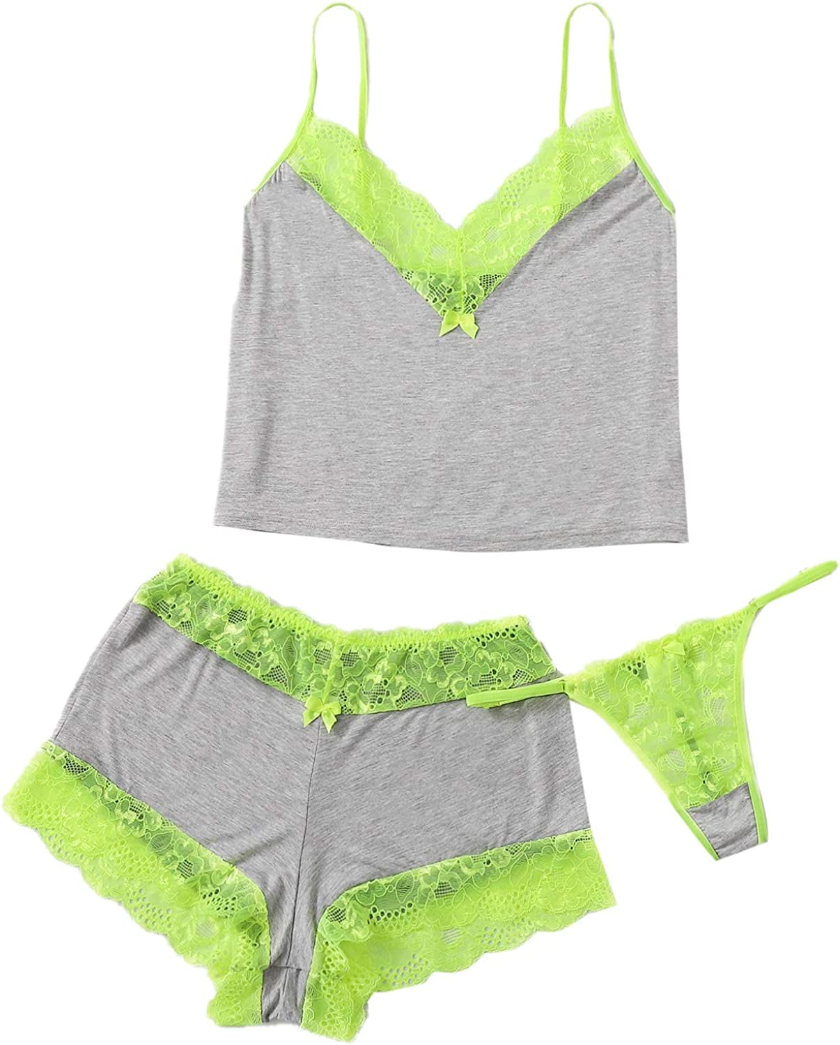 Women's 3pcs Sleepwear Contrast Lace Trim Sexy Cami Pajama Set with Thong