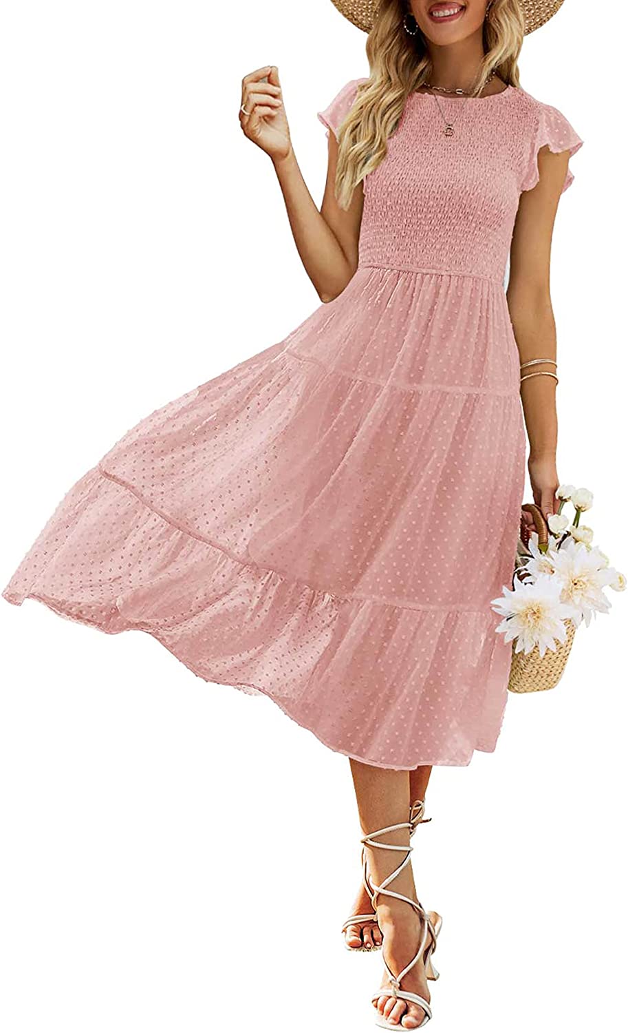 Women's Summer Flutter Short Sleeve Smocked Midi Dress Swiss Dot Flowy Tiered Dresses