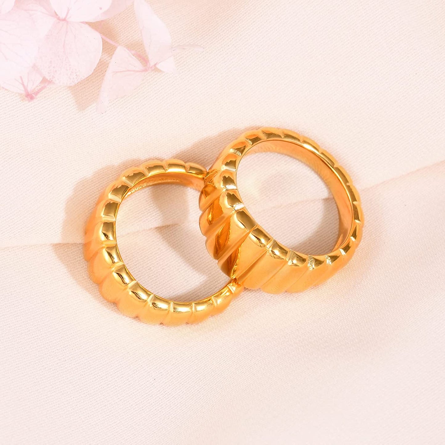 18k Gold Plated Croissant Chunky Band Ring, Ribbed Trendy Titanium Steel Statement Ring, Minimalist Dome Stackable Ring for Women and Men