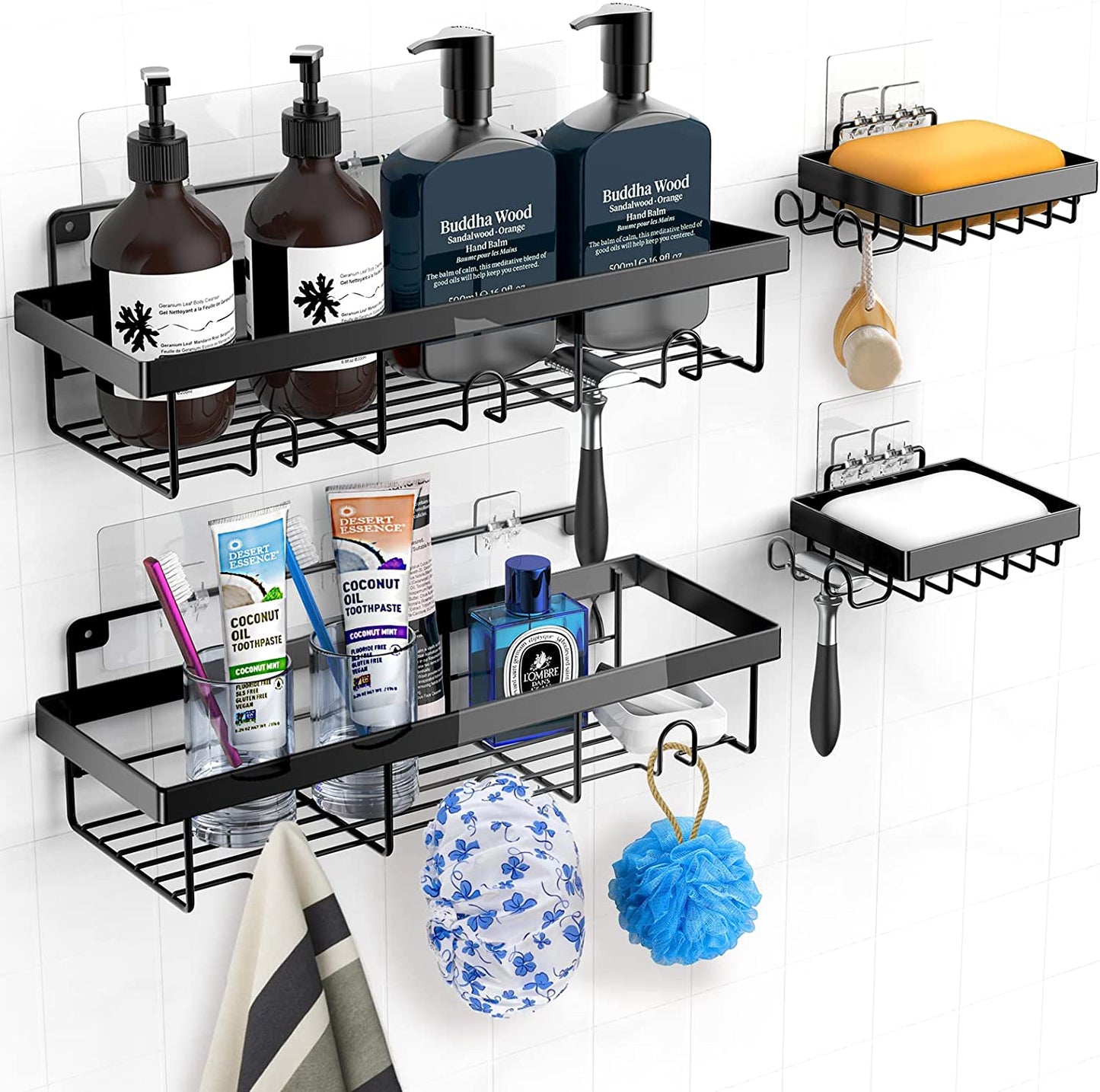 Shower Caddy Shelf with Hooks Storage Rack Organizer ,Can be wall-mounted without holes for Bathroom, Washroom, Restroom, Shower, Toilet, Kitchen - 4-Pack(Matte Black)