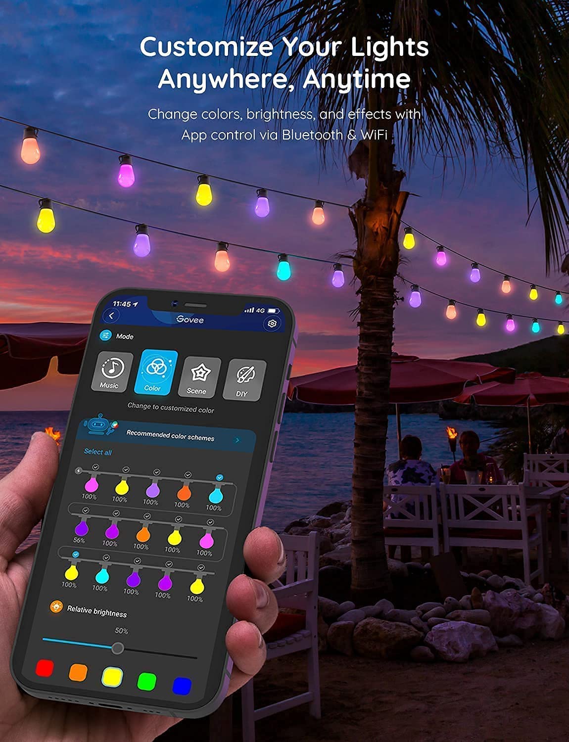 Outdoor String Lights, 96ft RGBIC Patio Lights with 30 Dimmable Warm White LED Bulbs, IP65 Waterproof WiFi APP Control Lights Work with Alexa, 40 Scene Modes for Balcony, Backyard, Party