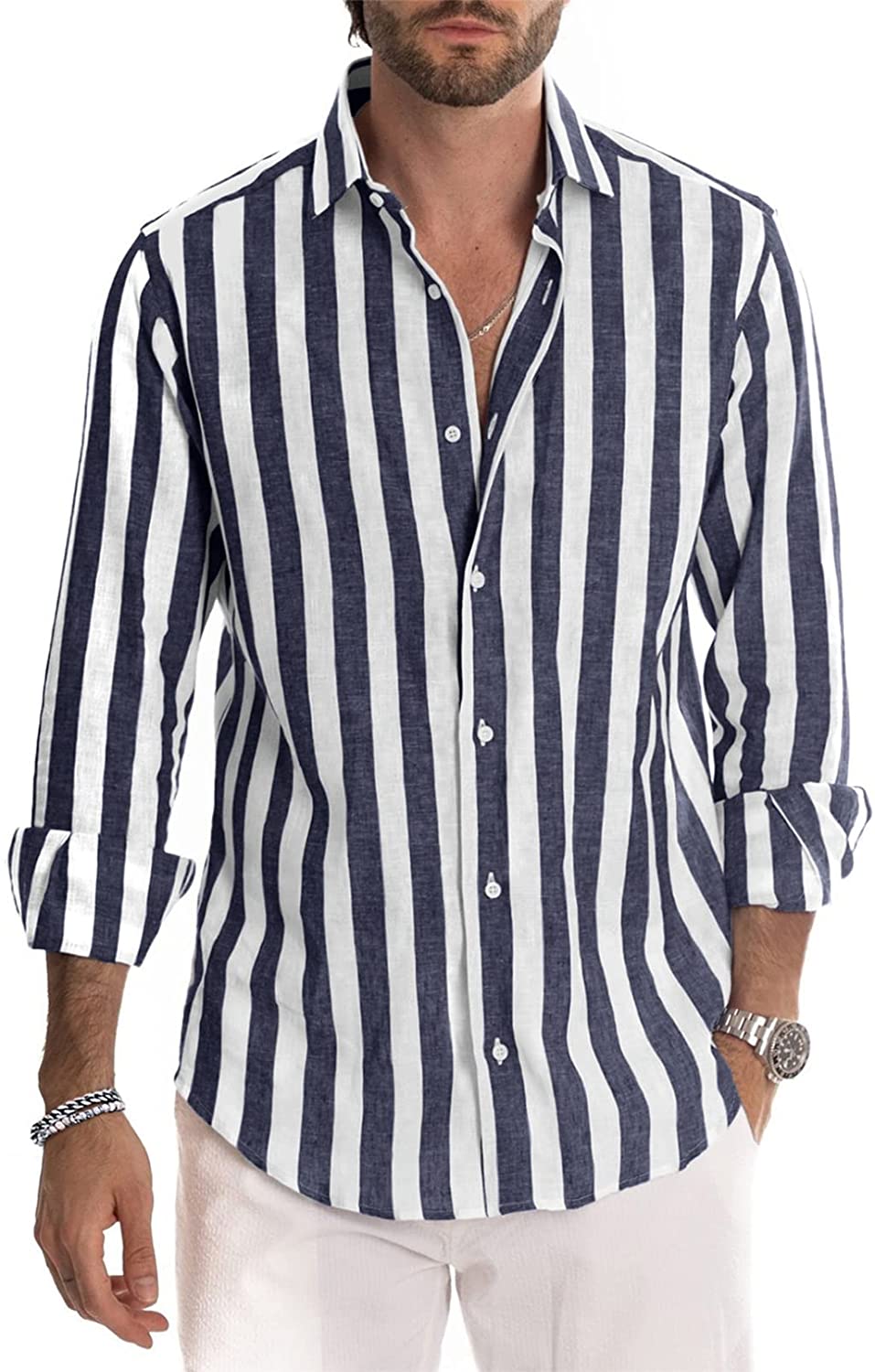 Men's Casual Long Sleeve Button-Down Shirts Striped Dress Shirts Cotton Shirt