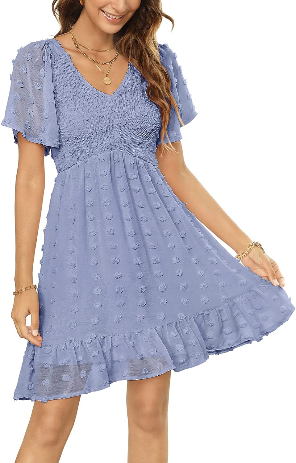 Womens Smocked Flutter Sleeve V Neck Ruffle Mini Swiss Dot Babydoll Dress