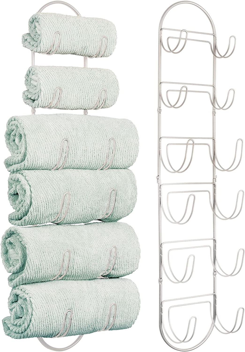 mDesign Steel Wall Mount Towel Rack with 6 Compartments - Towel Holder and Towel Storage Shelf Organizer for Bathroom, Powder Room - Concerto Collection - 2 Pack - Soft Brass