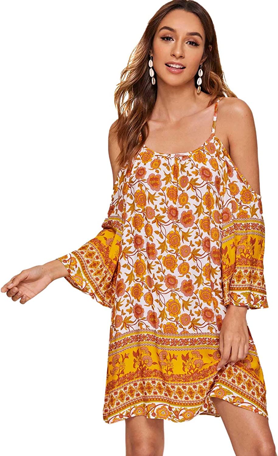 Women's Vintage Print Kimono Sleeve Geometric Tunic Boho Dress