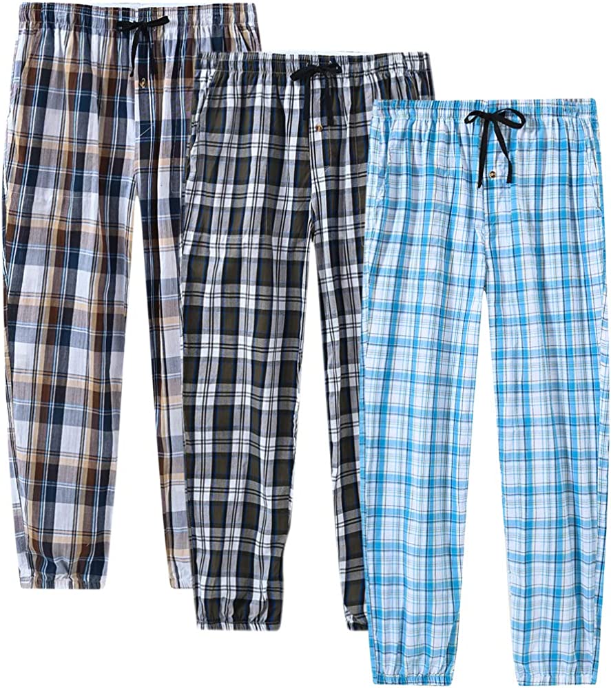 Men's Pajama Pants Plaid Sleapwear Pants Loungewear Bottom Button Fly/Drawstring/Pockets 3-Pack