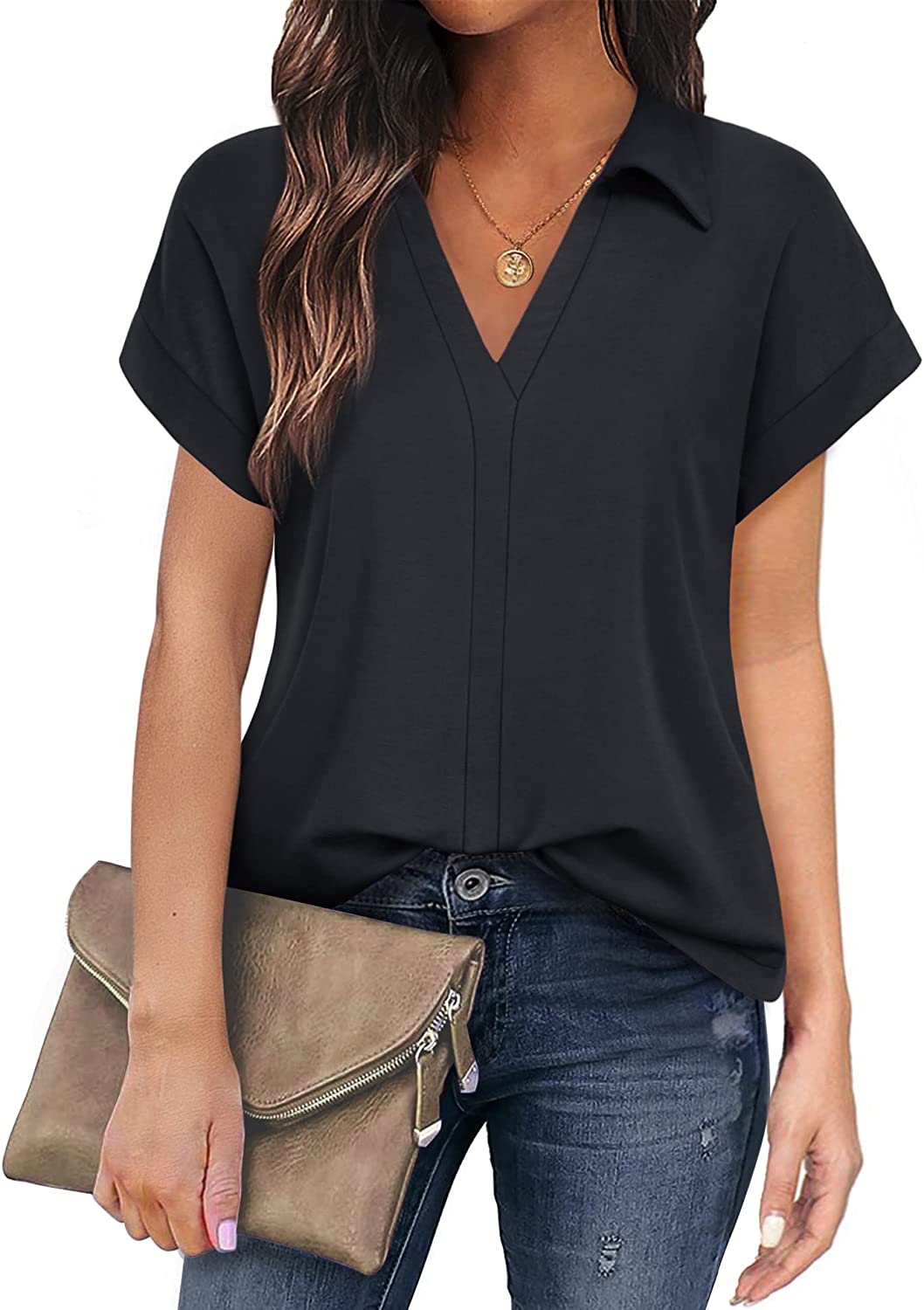 Women's Short Sleeve Tops and Blouses Business Casual Collared Tunic Shirt