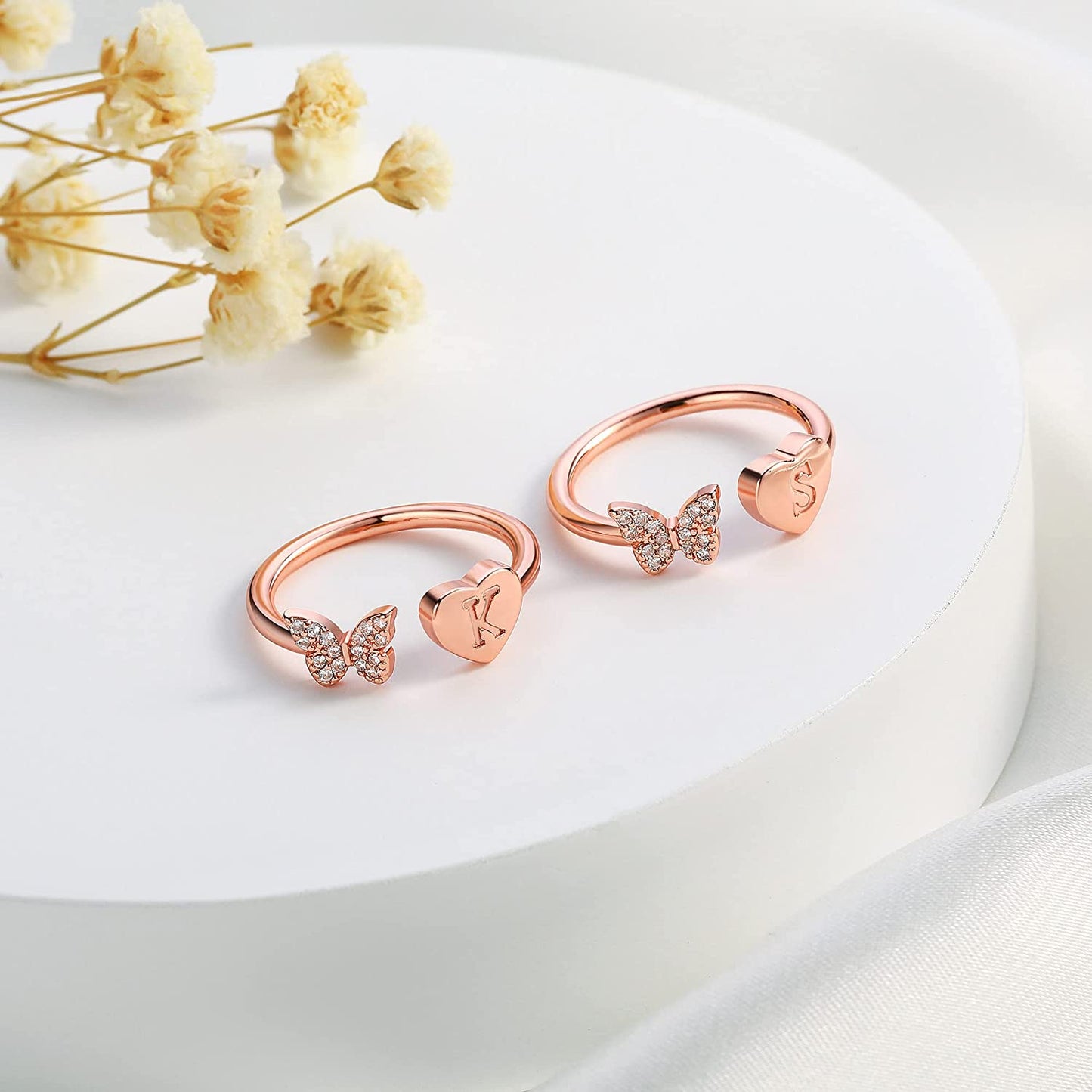 Stackable Initial Rings for Women Girls, Rose Gold Plated Butterfly Capital Letter Initial Rings for Women Teens Girls Letter Rings Stackable Rings for Girls Teen Girls