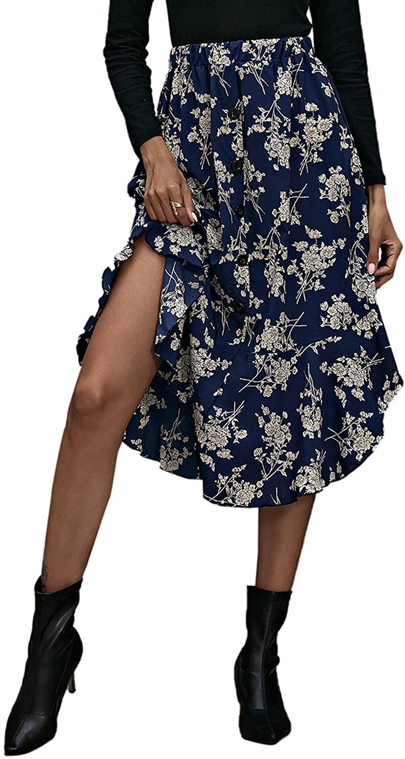 Women's Floral Print Button Front Ruffle Hem High Waist A Line Midi Skirts