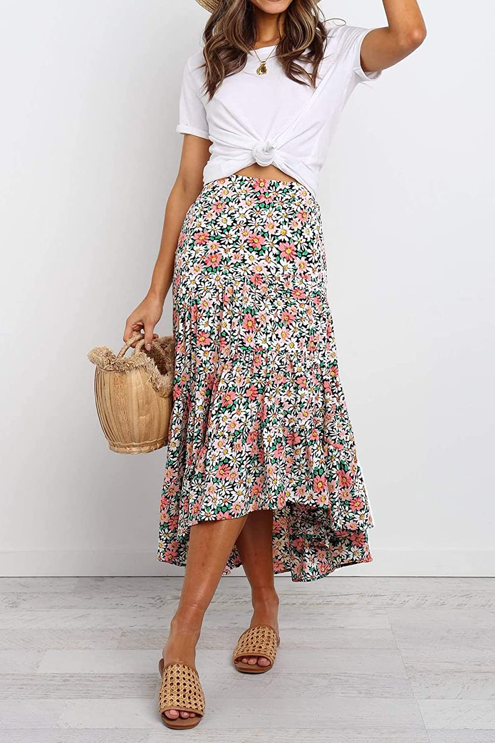 Women's Ditzy Floral Midi Boho Elastic High Waist Skirt