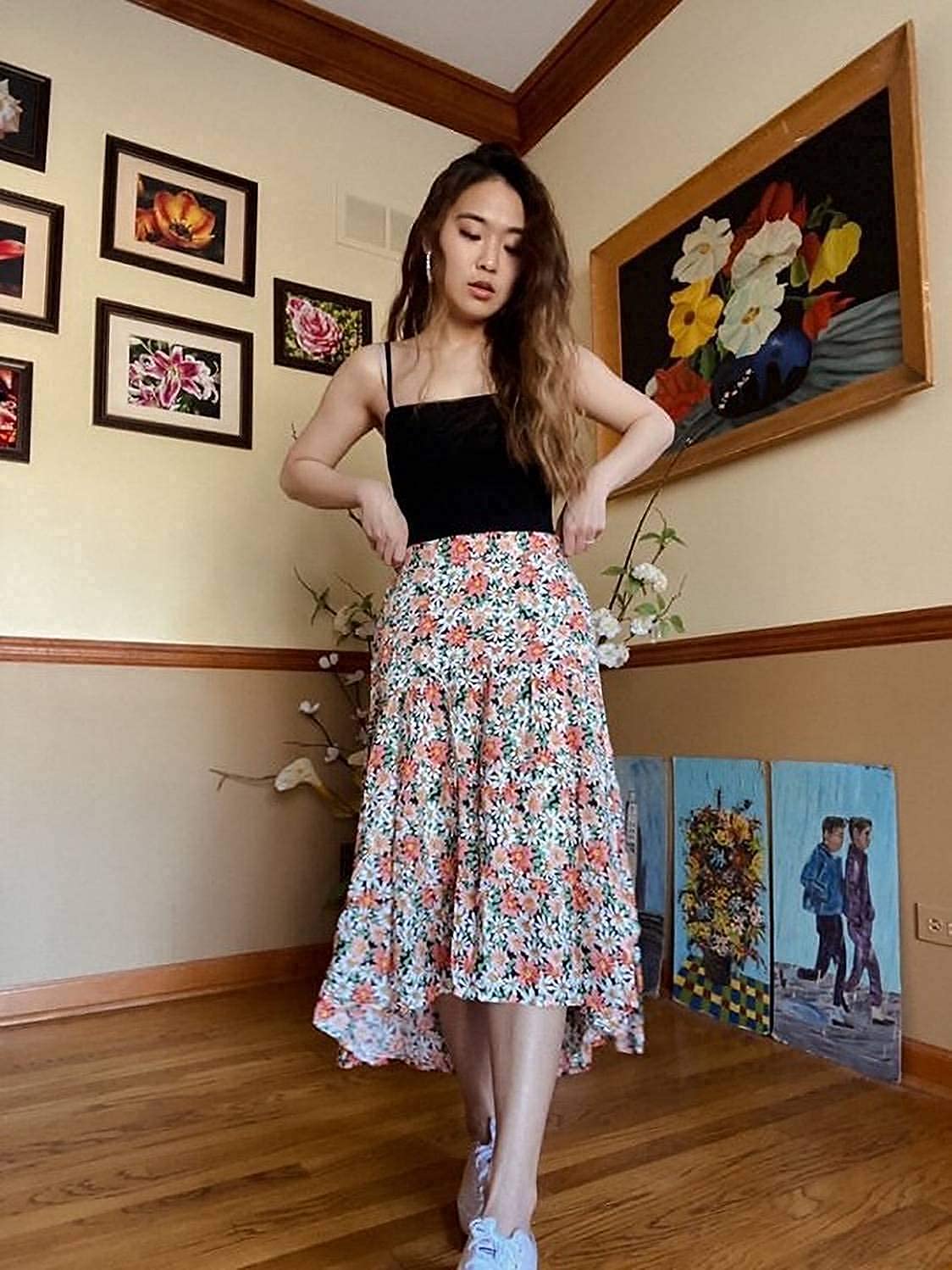Women's Ditzy Floral Midi Boho Elastic High Waist Skirt
