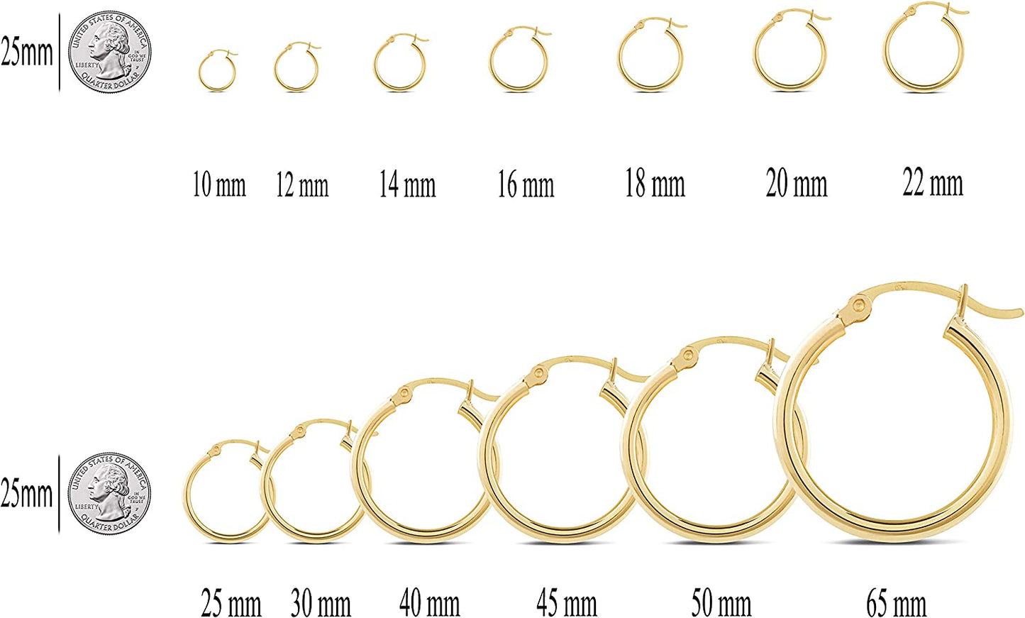 14K Yellow Gold Classic Shiny Polished Round Hoop Womens Earrings, 2mm - 3mm tube, 10mm - 65mm Diameter