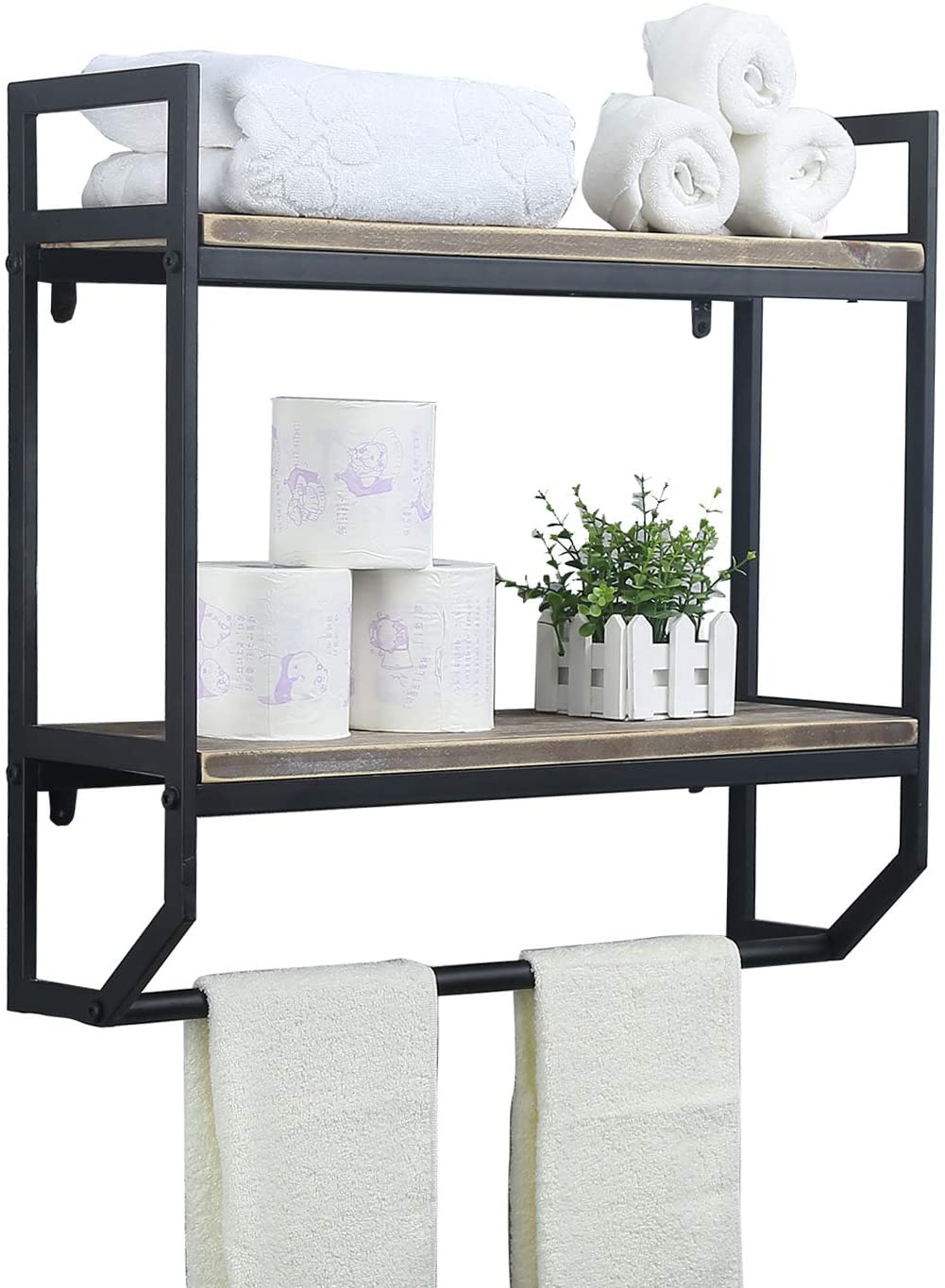 2-Tier Metal Industrial 23.6" Bathroom Shelves Wall Mounted,Rustic Wall Shelf Over Toilet,Towel Rack with Towel Bar,Utility Storage Shelf Rack,Floating Shelves Towel Holder,Black