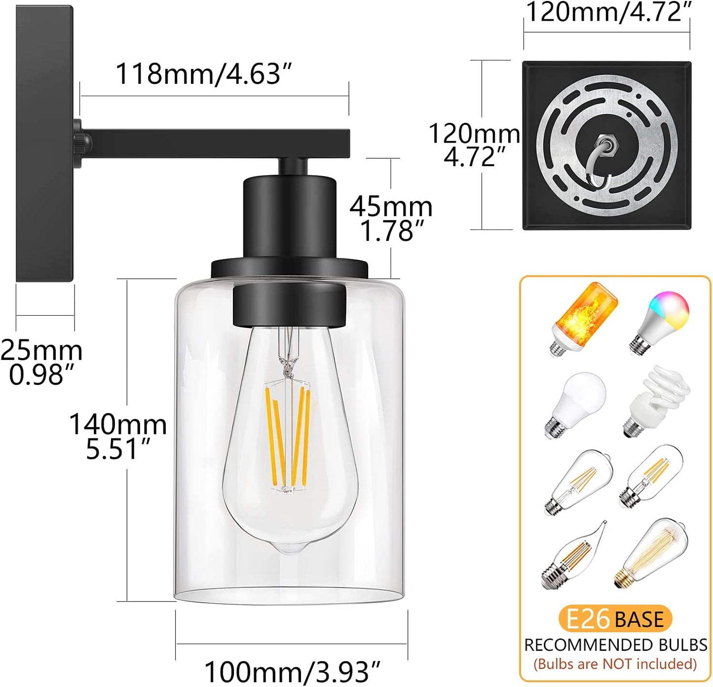 Sconces Set of 2, Matte Black Vanity Lights for Bathroom, Modern Wall Light Fixtures, Metal Sconces Wall Lighting with Clear Glass Shade, Farmhouse Wall Lamp for Bedroom Mirror Living Room