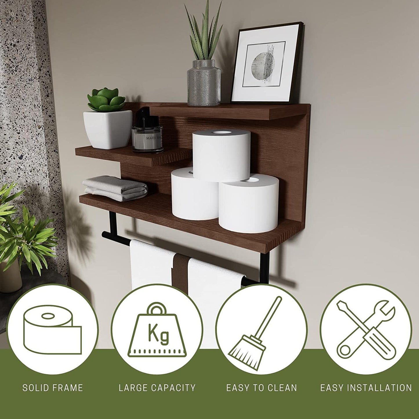 3-Tier Bathroom Shelf Wall Mounted, Retro Wood Shelf with Towel Bar, Utility Storage Shelf Rack for Bathroom Kitchen Bedroom Living Room, 24 inch