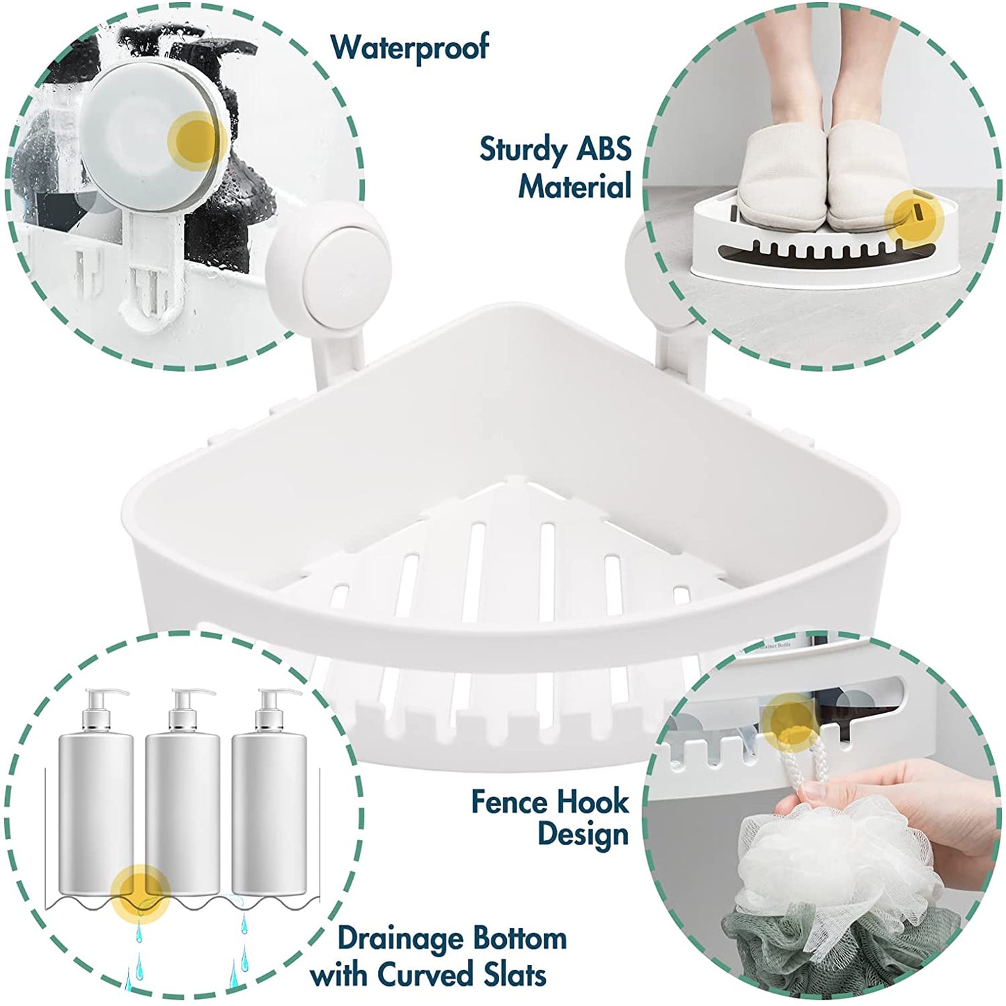 Suction Corner Shower Caddy Corner Shower Shelf Shower Basket Wall Mounted Shower Holder Organizer for Shampoo, Plastic White Shower Suction Caddy for Kitchen & Bathroom, Drill-Free Removable