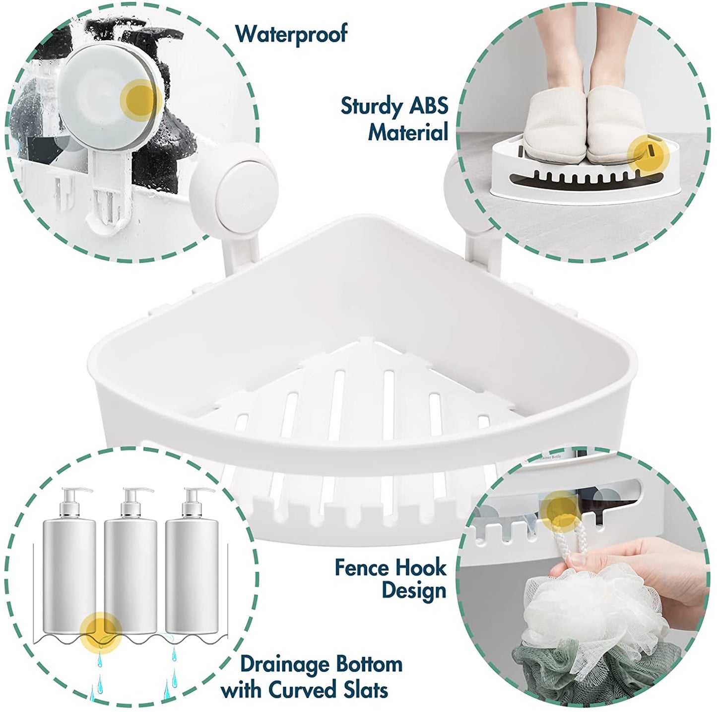 Suction Corner Shower Caddy Corner Shower Shelf Shower Basket Wall Mounted Shower Holder Organizer for Shampoo, Plastic White Shower Suction Caddy for Kitchen & Bathroom, Drill-Free Removable