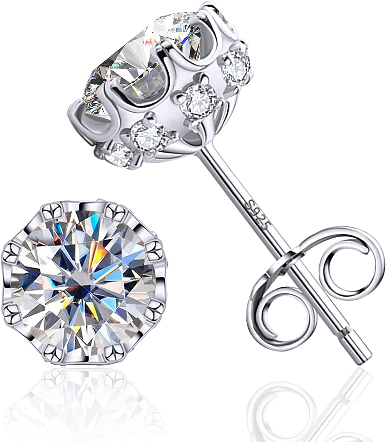 18K White Gold Plated Brilliant Cut Cubic Zirconia Stud Earrings For Women Men 8 Prong 8 Zirconia Sterling Silver Post Hypoallergenic CZ Stud Earrings