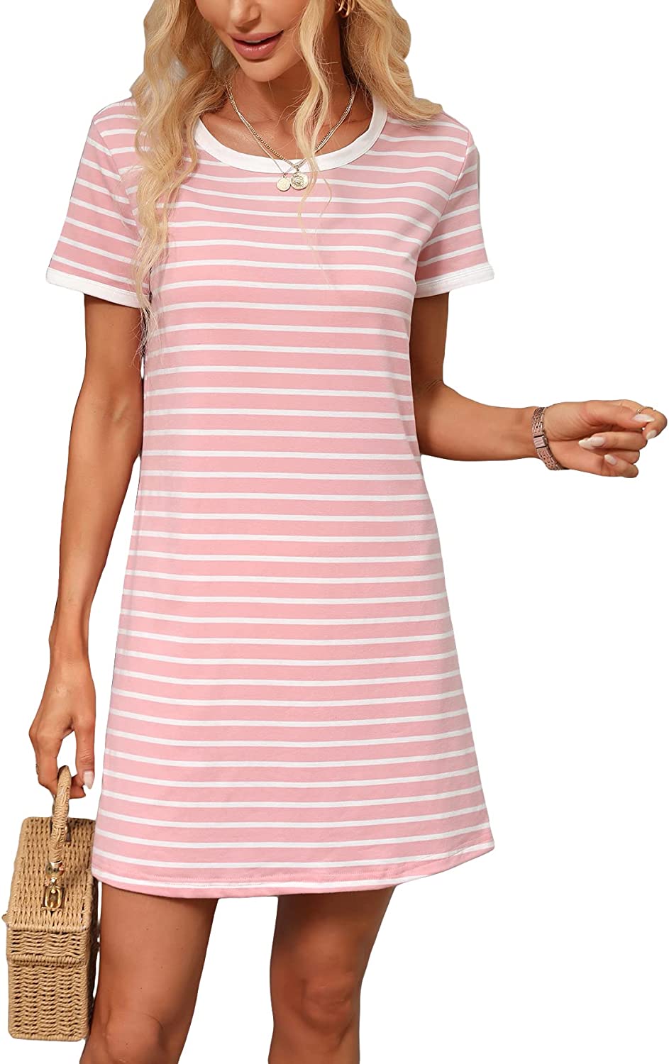 Women's Casual Short Sleeve Striped Bodycon T Shirt Short Mini Dress