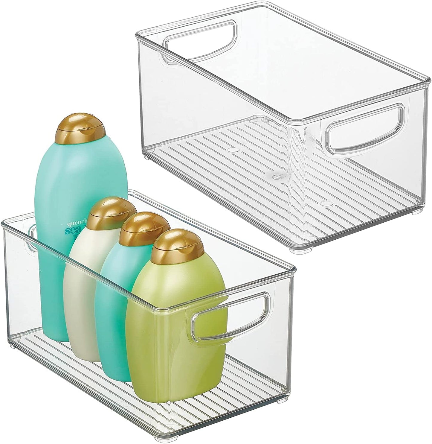 mDesign Plastic Bathroom Organizer - Storage Holder Bin with Handles for Vanity, Cupboard, Cabinet Shelf, Linen or Hallway Closets, Holds Styling Tools, Beauty Products, or Toiletries - 2 Pack - Clear