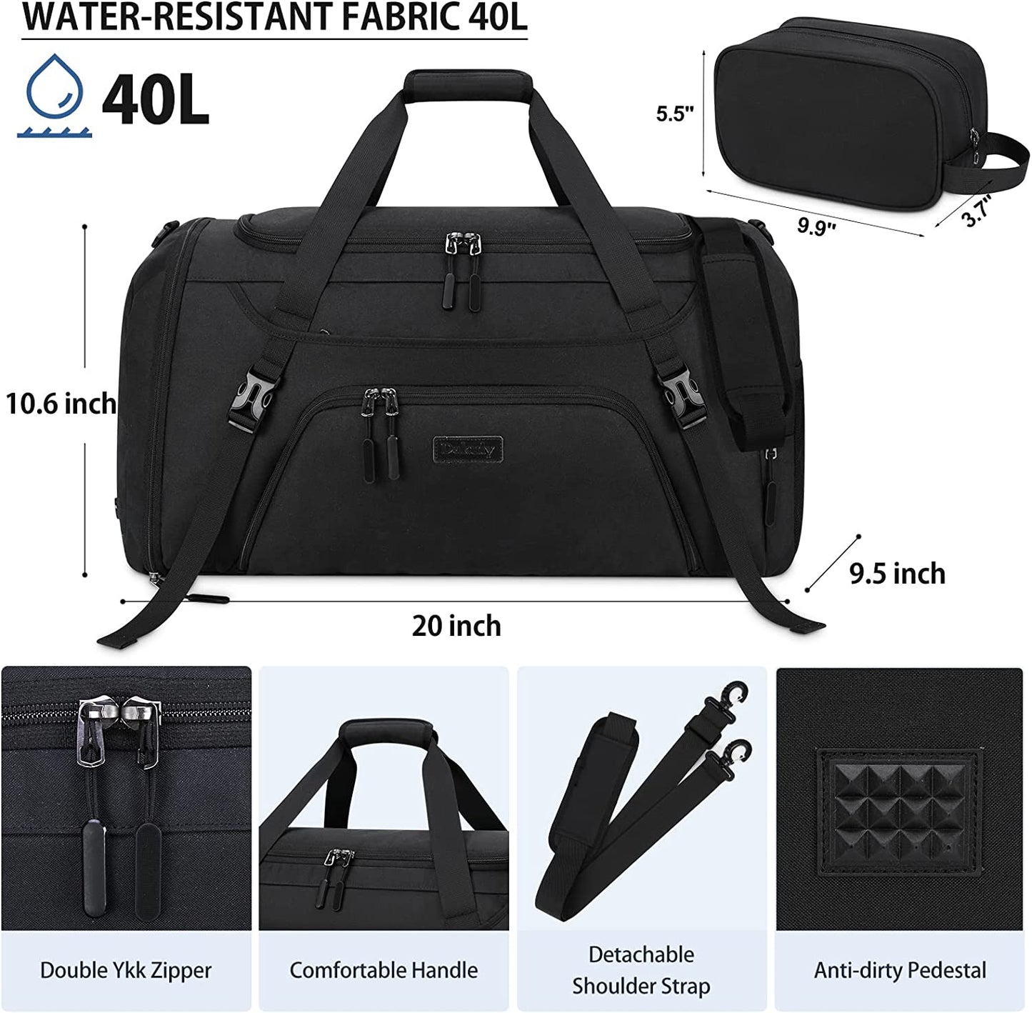 Gym Duffle Bag for Women Men 40L Waterproof Sports Bags Travel Duffel Bags with Shoe Compartment,Wet Pocket Large Weekender Overnight Bag with Toiletry Bag,Black