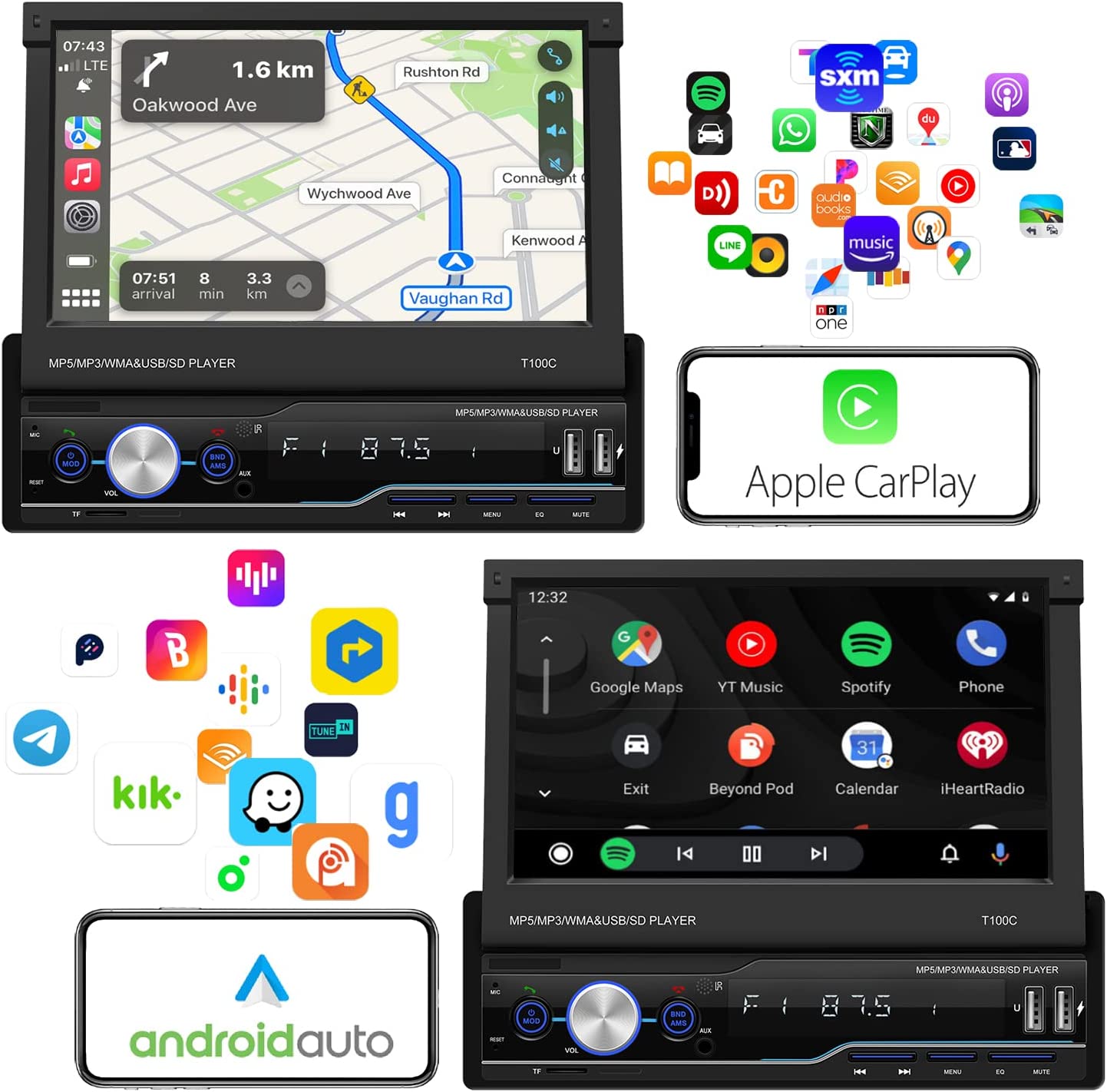 Car Radio Single Din with Flip Out Touch Screen,Car Stereo Apple Carplay,FM AM Car Radio Backup Camera, Hand-Free Calling,Apple Car Play Stereo,Fast Charging,EQ/USB Port/AUX/Mirror Link