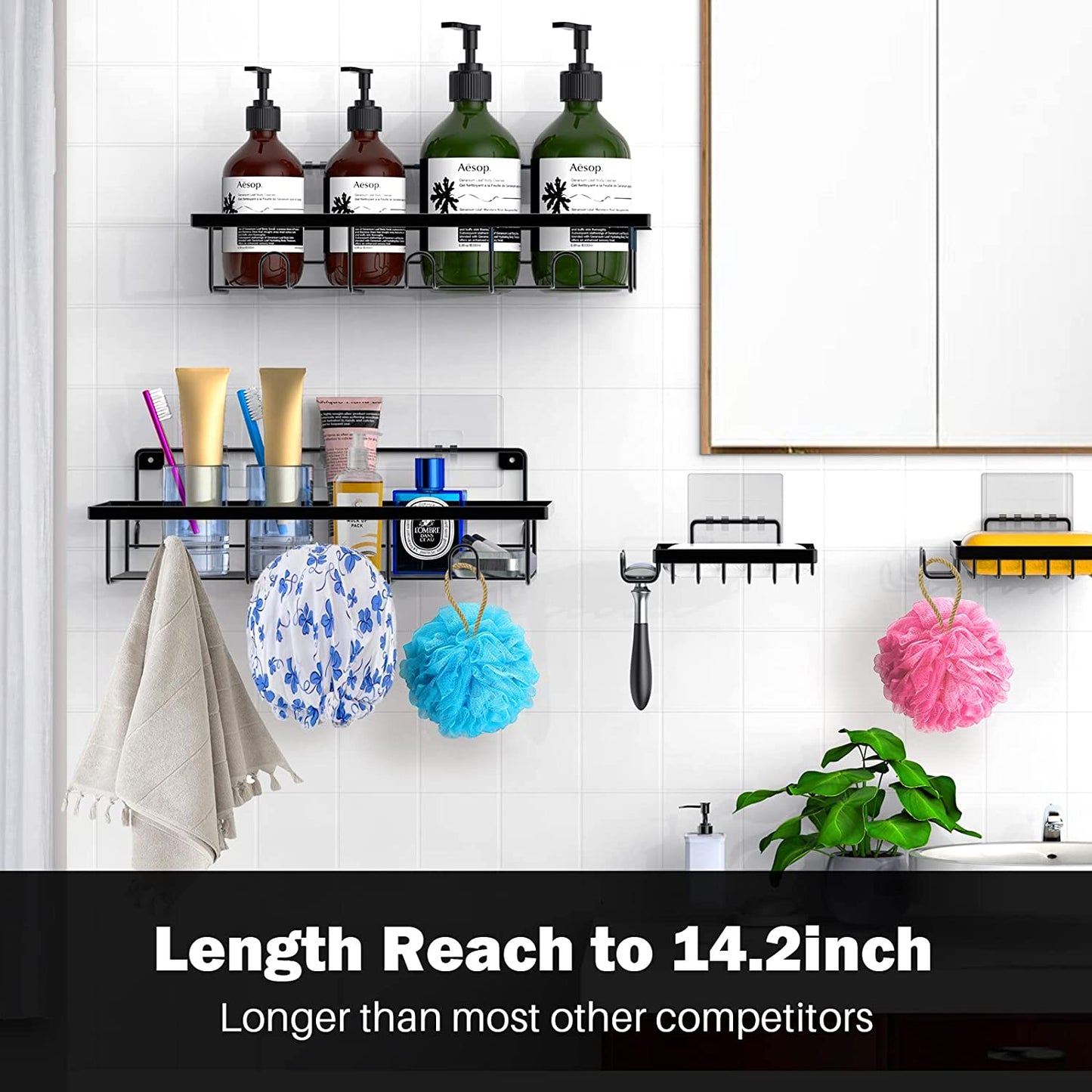 Shower Caddy Shelf with Hooks Storage Rack Organizer ,Can be wall-mounted without holes for Bathroom, Washroom, Restroom, Shower, Toilet, Kitchen - 4-Pack(Matte Black)