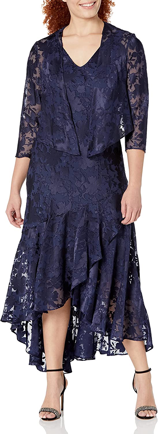 Evenings Women's Tea Length Printed Chiffon Dress with Shawl