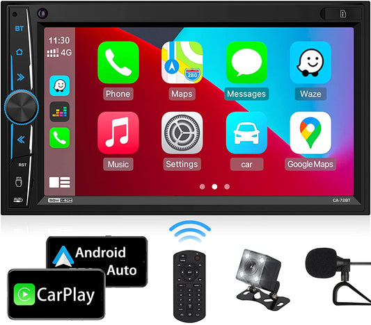 Carplay Android Auto: Double Din Car Radio 7 Inch HD Capacitive Touchscreen – Bluetooth Car Audio Receiver – LCD Display | Mirrorlink | Backup Camera | USB SD A/V Input | AM FM Radio