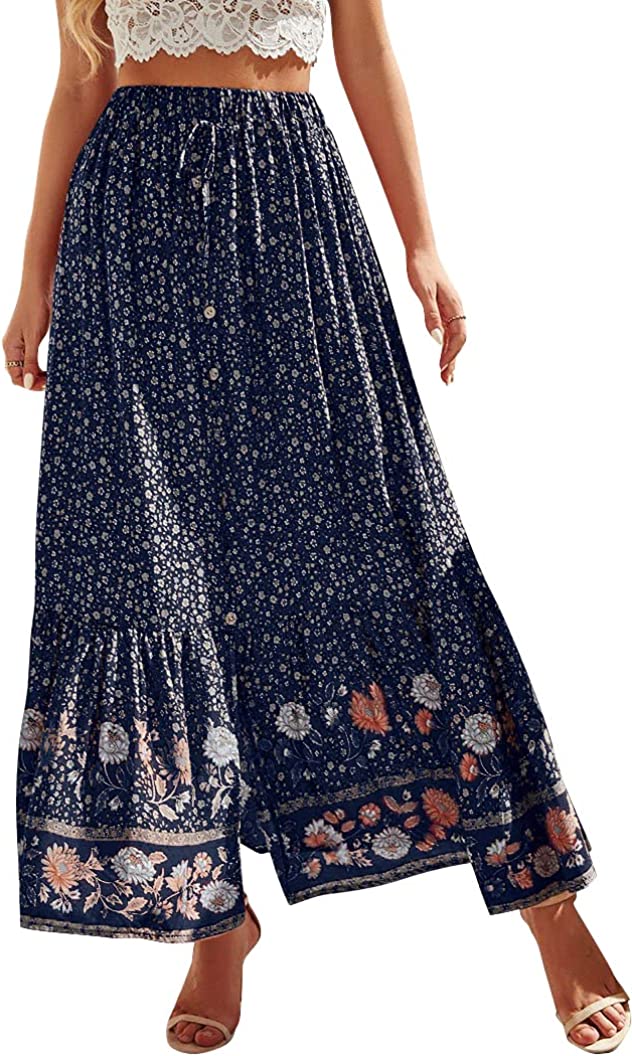 Women's Boho Maxi Skirts Elastic Waist A Line Flowy Tiered Button Split Floral Skirt