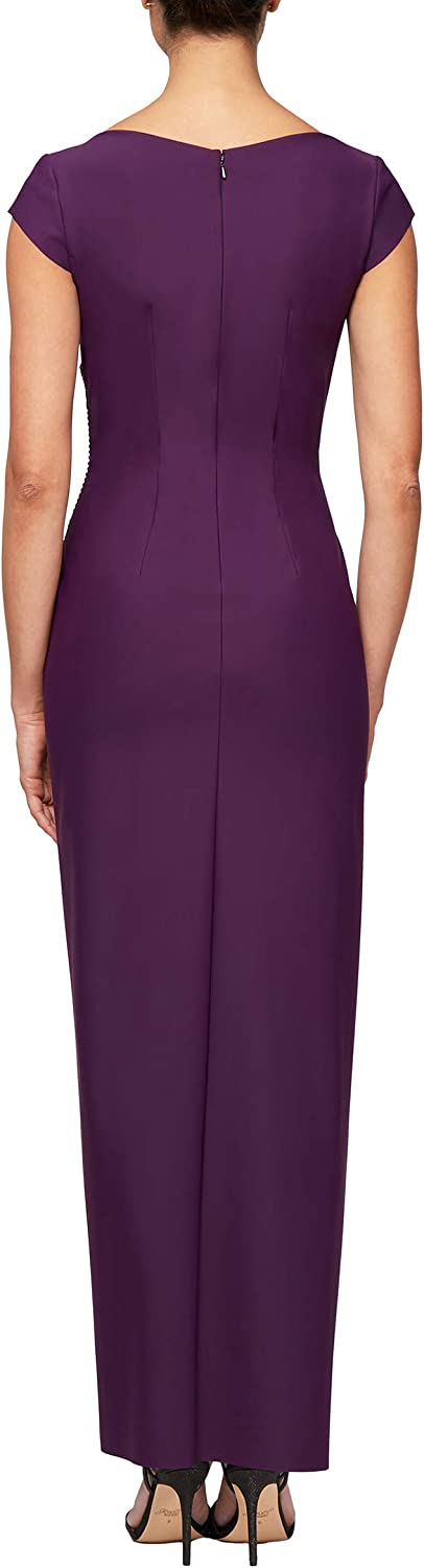 Evenings Women's Slimming Long Cap Sleeve Dress with Side Beaded Detail