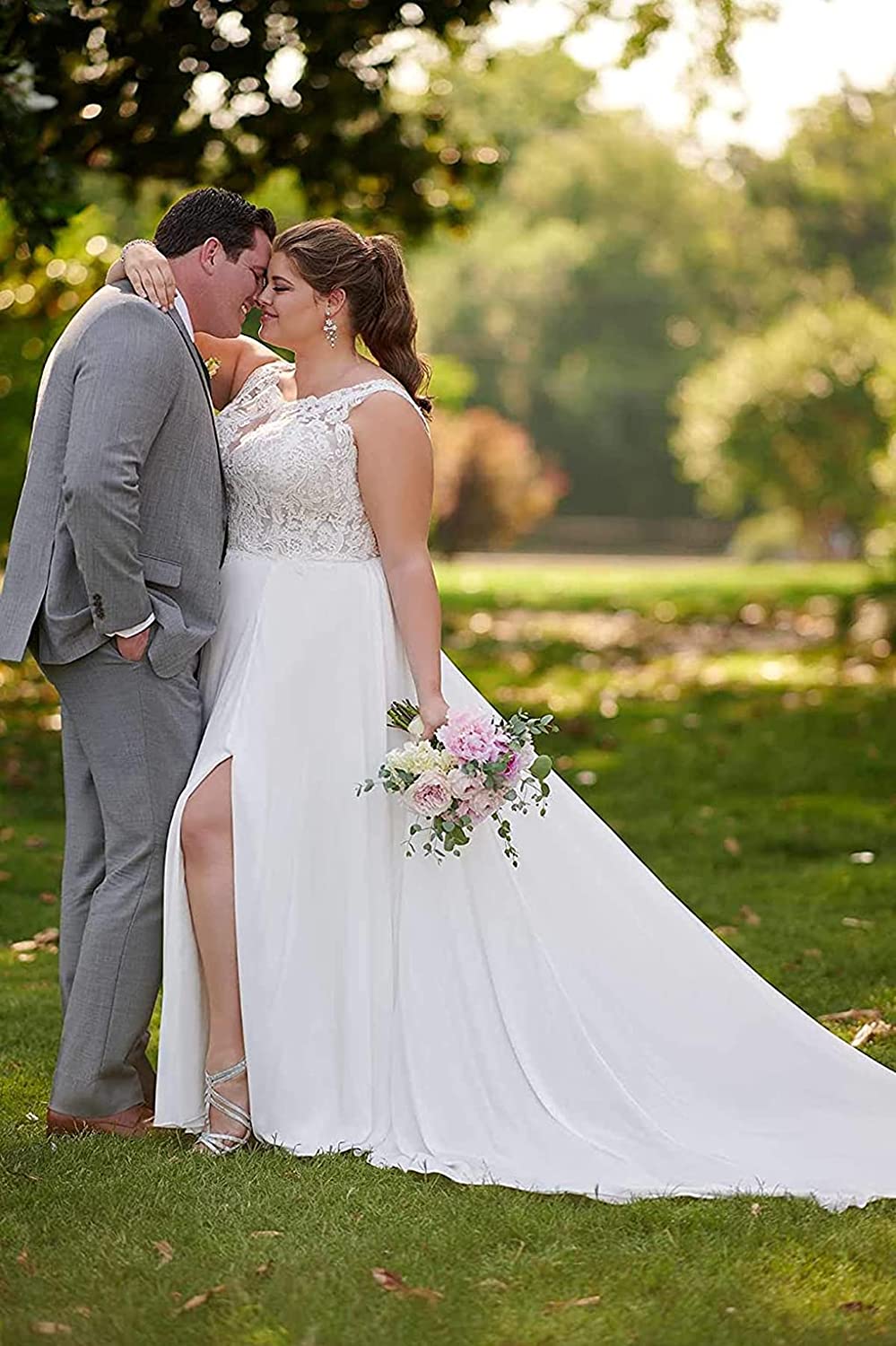 Women's A-line Chiffon Slit Beach Wedding Dresses for Bride Lace Boho Bridal Gowns
