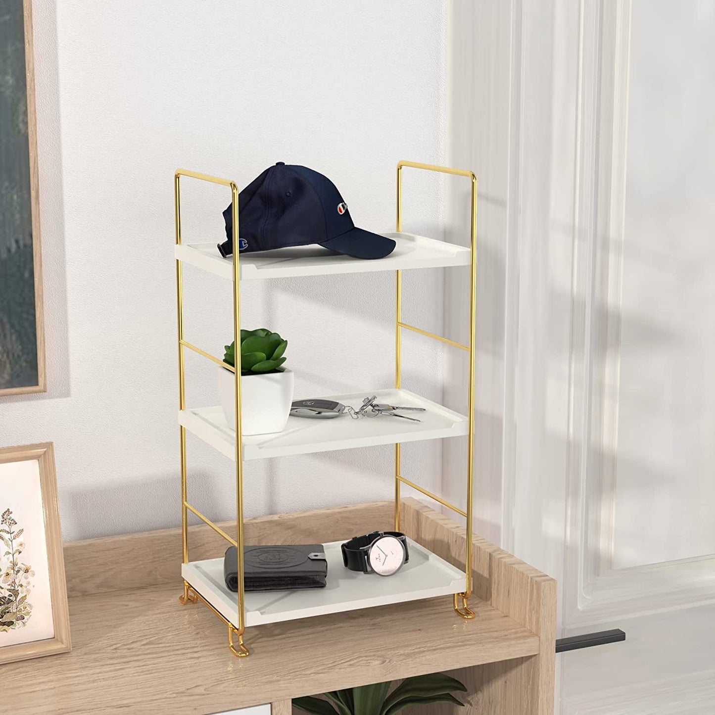 3-Tier Bathroom Organizer Countertop,Bathroom Makeup Organizer White Vanity Tray or Kitchen Spice Rack Perfume Organizer Cosmetic Display Cases (Gold)
